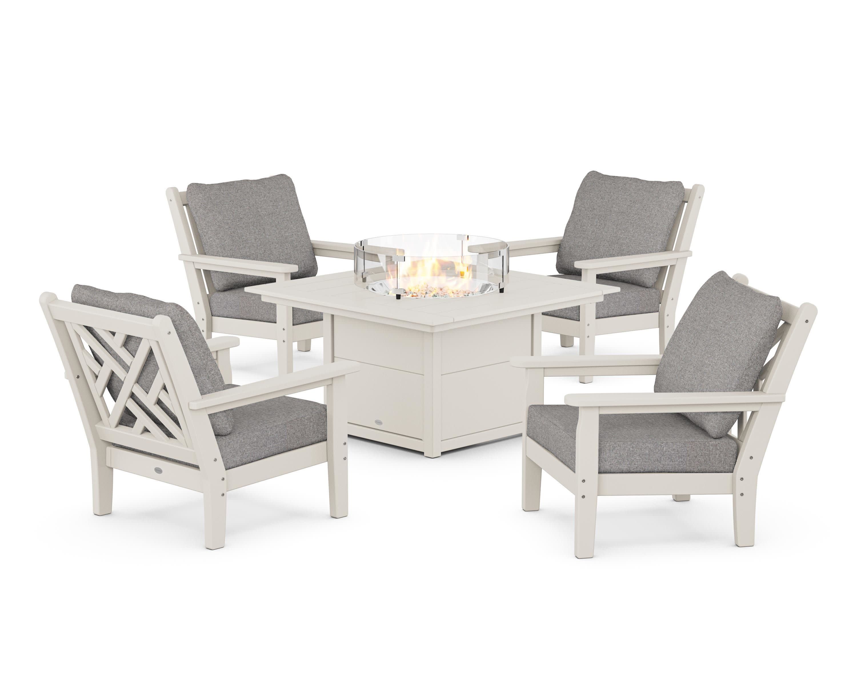 Chippendale 5-Piece Deep Seating Set with Fire Pit Table in Sand / Grey Mist