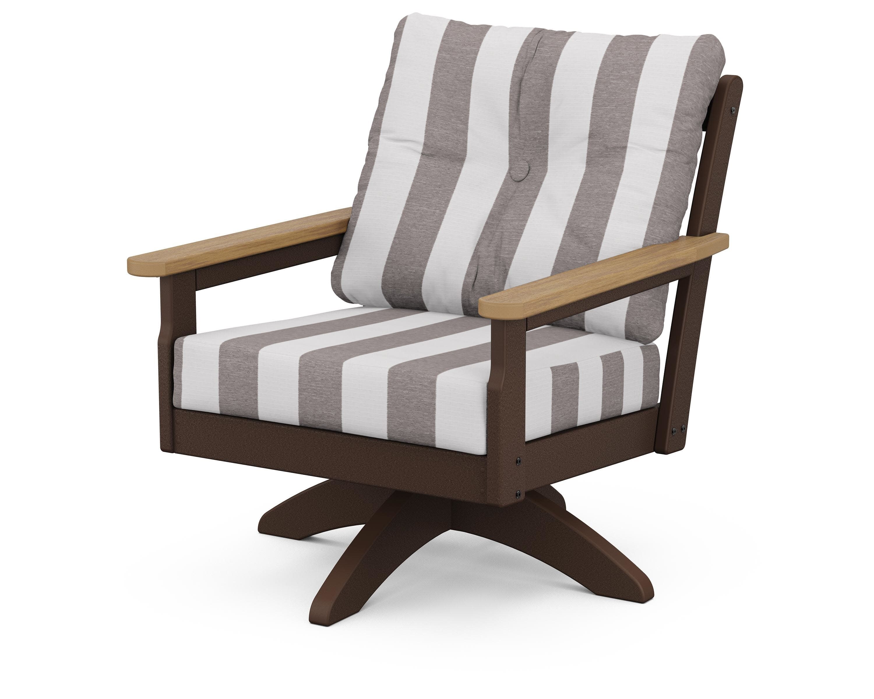 Vineyard Deep Seating Swivel Chair in Mahogany / Natural / Cabana Stripe Grey Mist