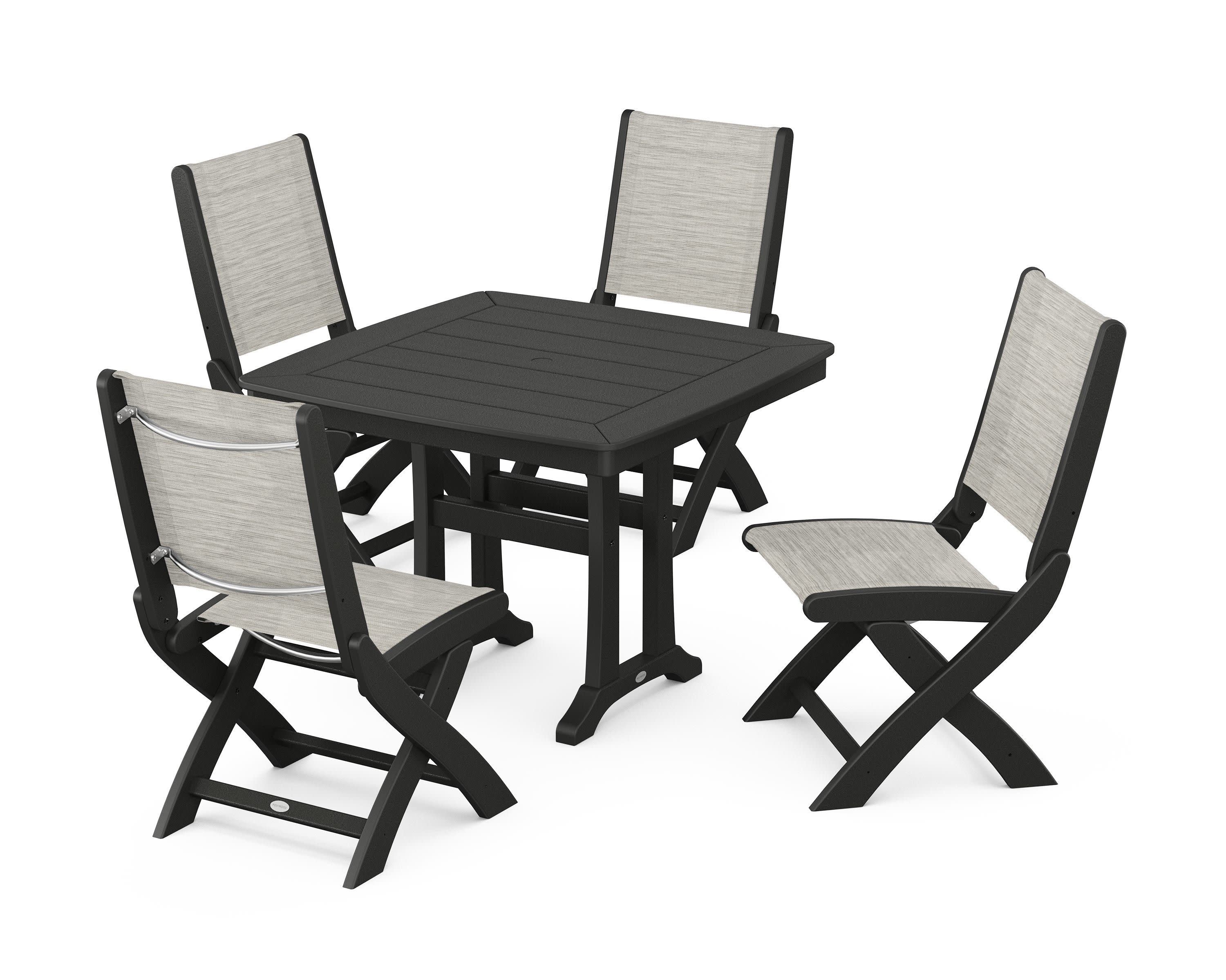 Coastal Folding Side Chair 5-Piece Dining Set with Trestle Legs in Black / Birch Sling