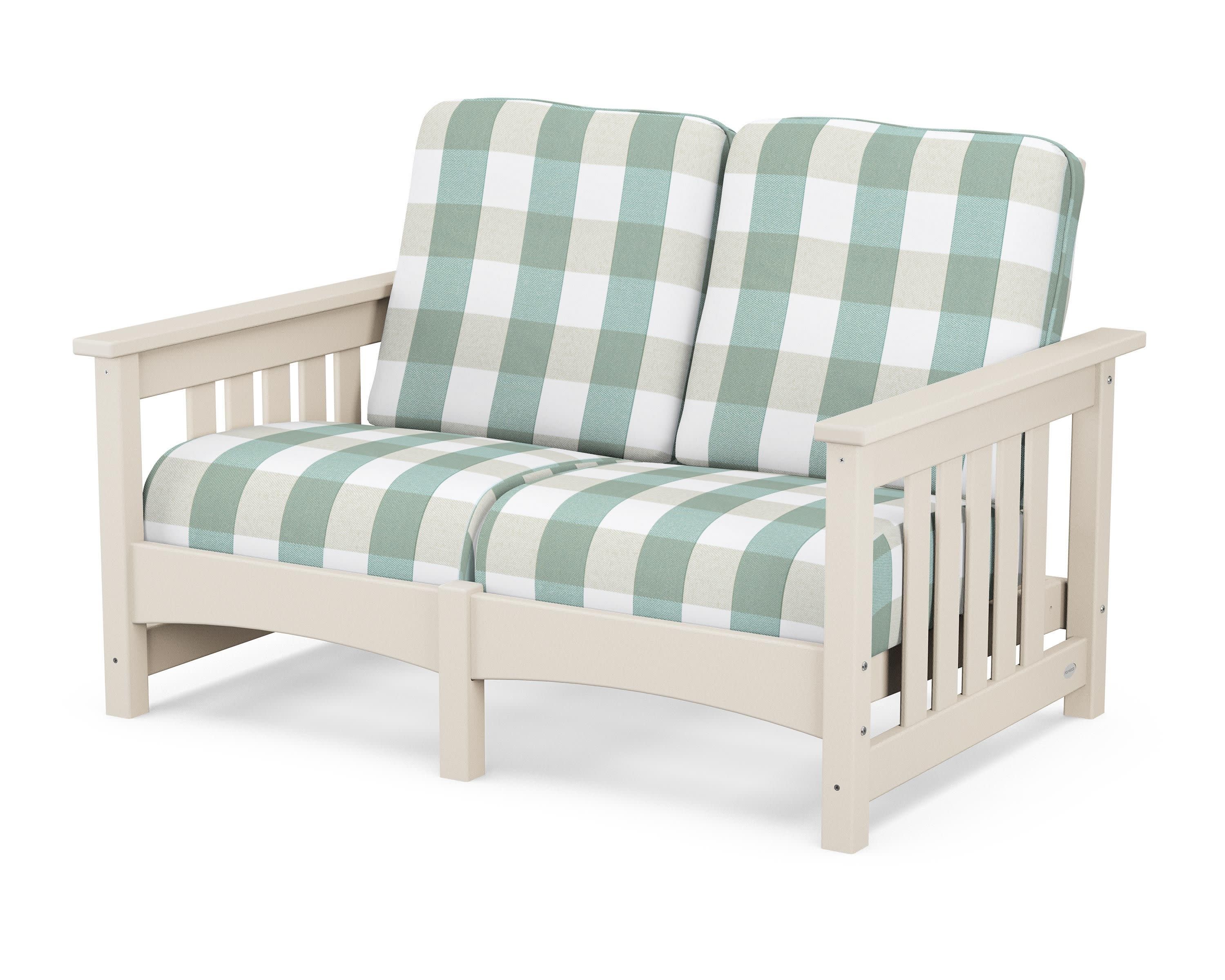 Club Mission Loveseat in Sand / Buffalo Plaid Glacier Spa