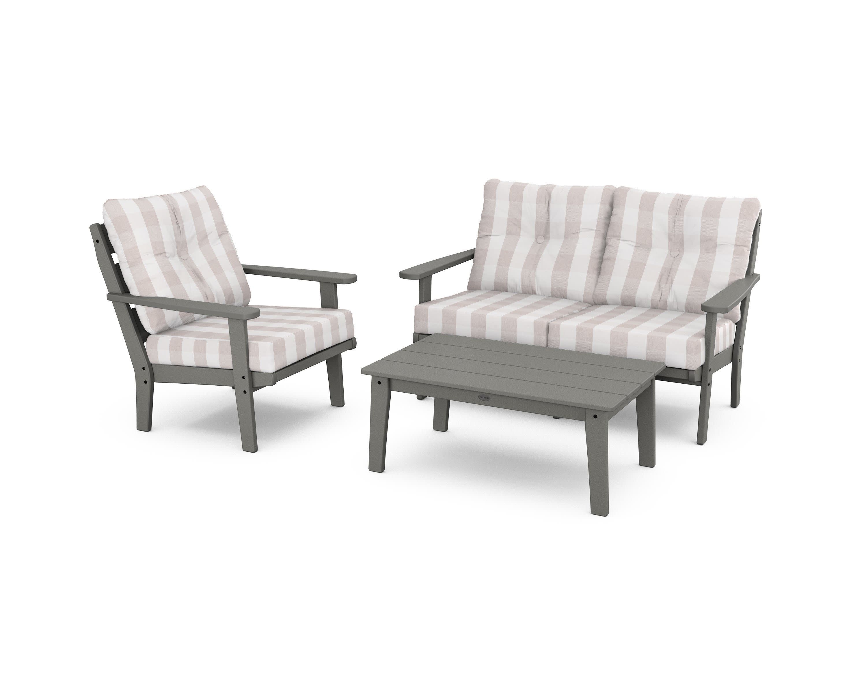 Lakeside 3-Piece Deep Seating Set in Slate Grey / Buffalo Plaid Dune Burlap
