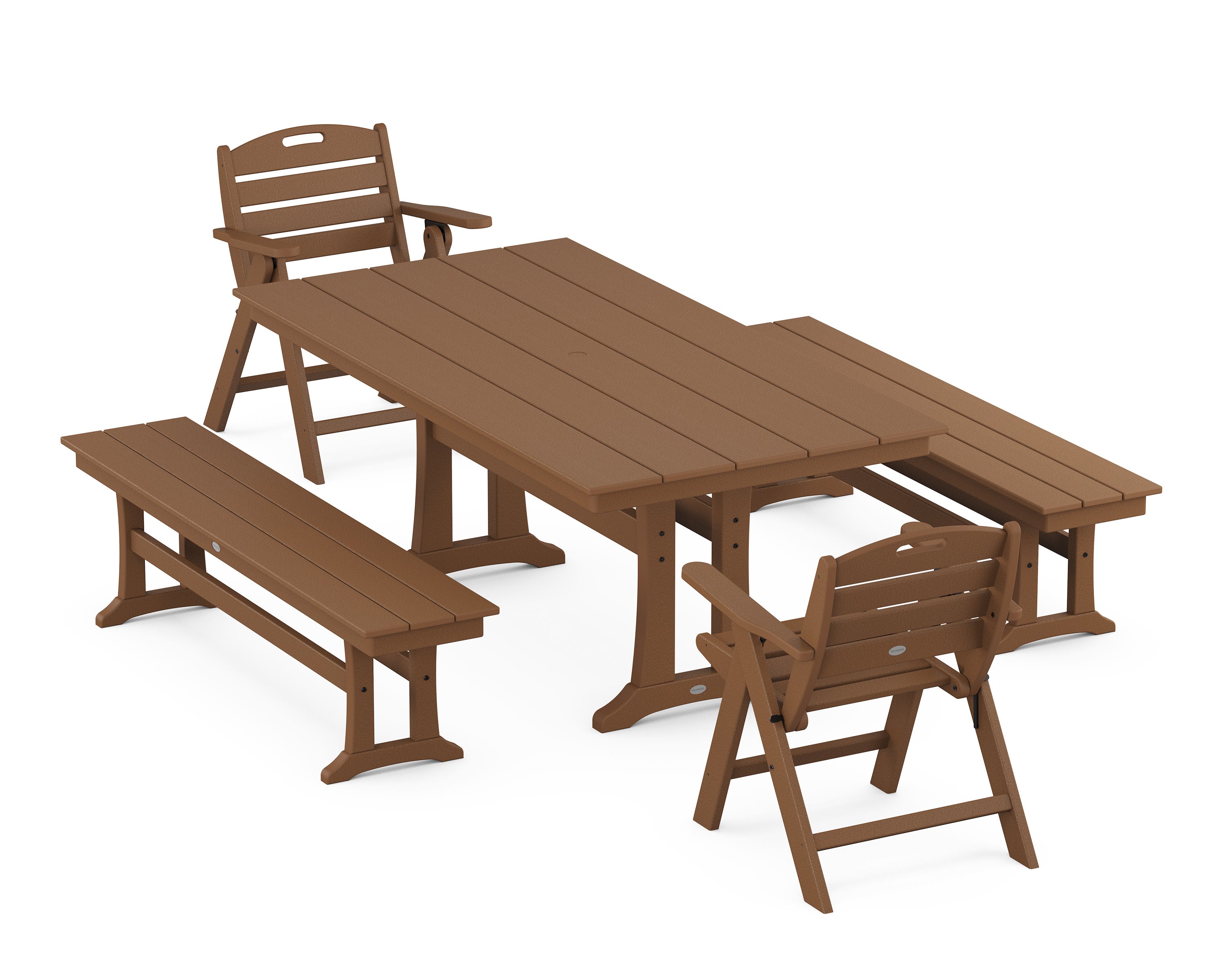 Nautical Folding Lowback Chair 5-Piece Farmhouse Dining Set With Trestle Legs in Teak