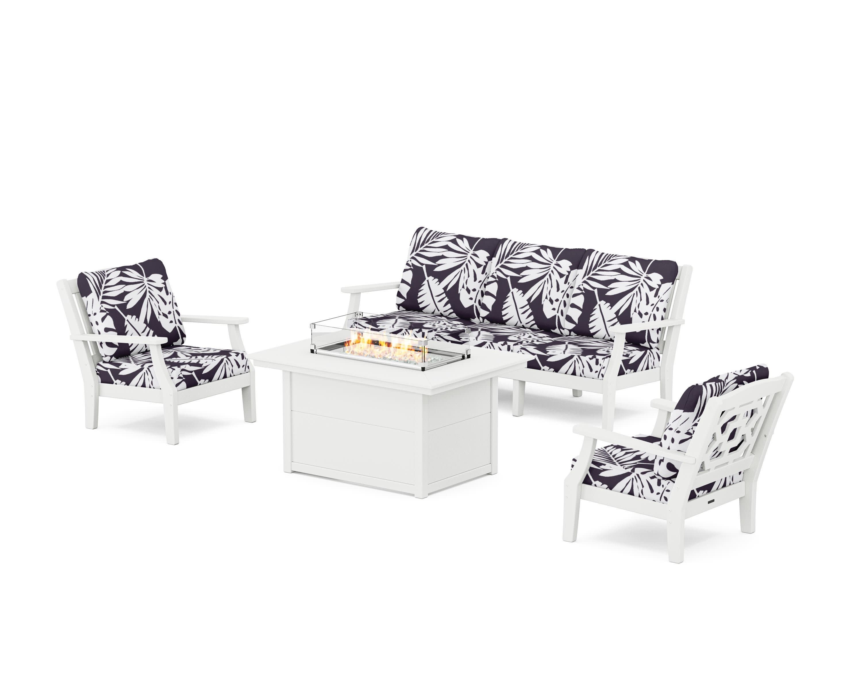 Chinoiserie Deep Seating Fire Pit Table Set in White / Leaf Navy