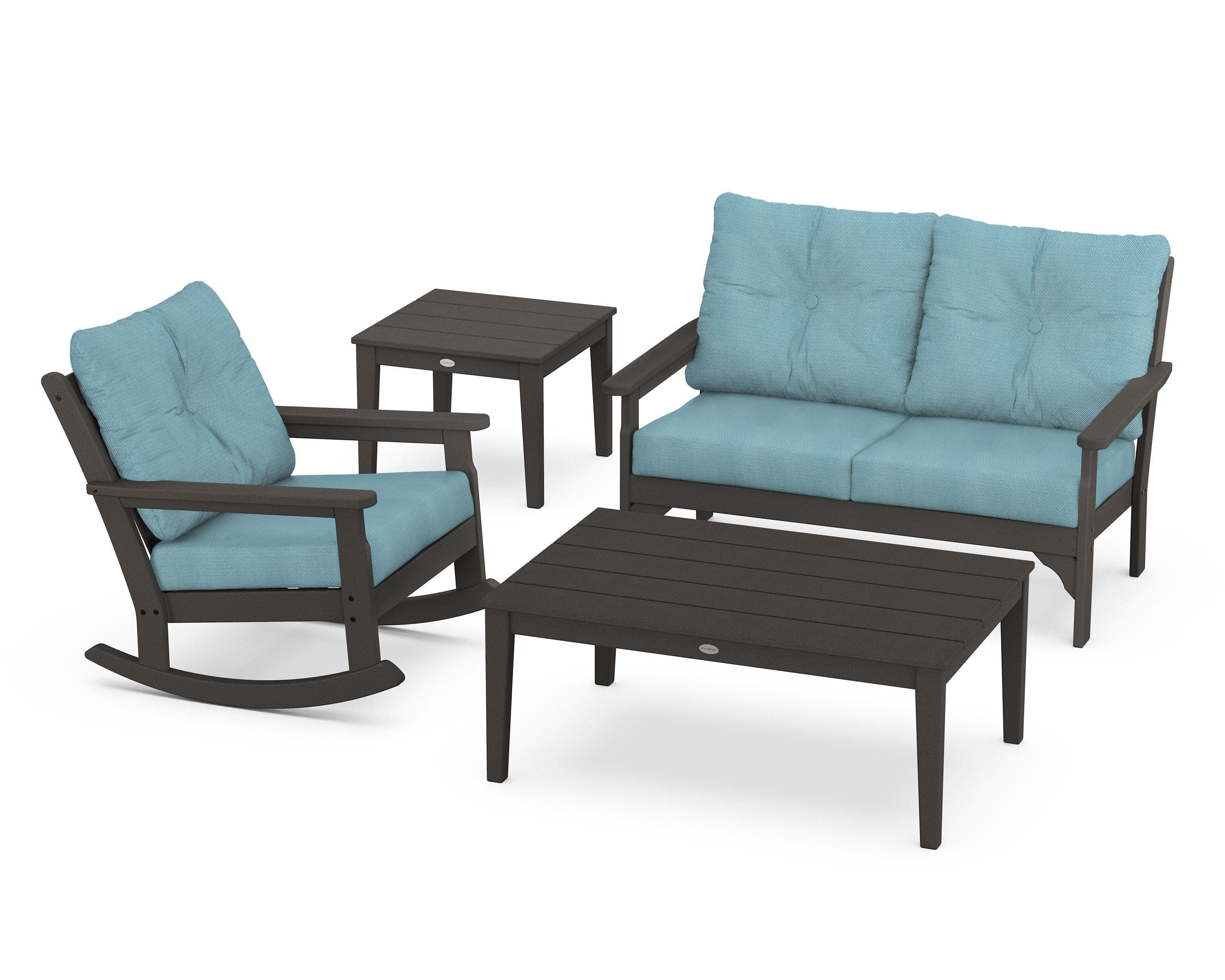 Vineyard 4-Piece Deep Seating Rocker Set in Vintage Coffee / Lattice Sky Blue