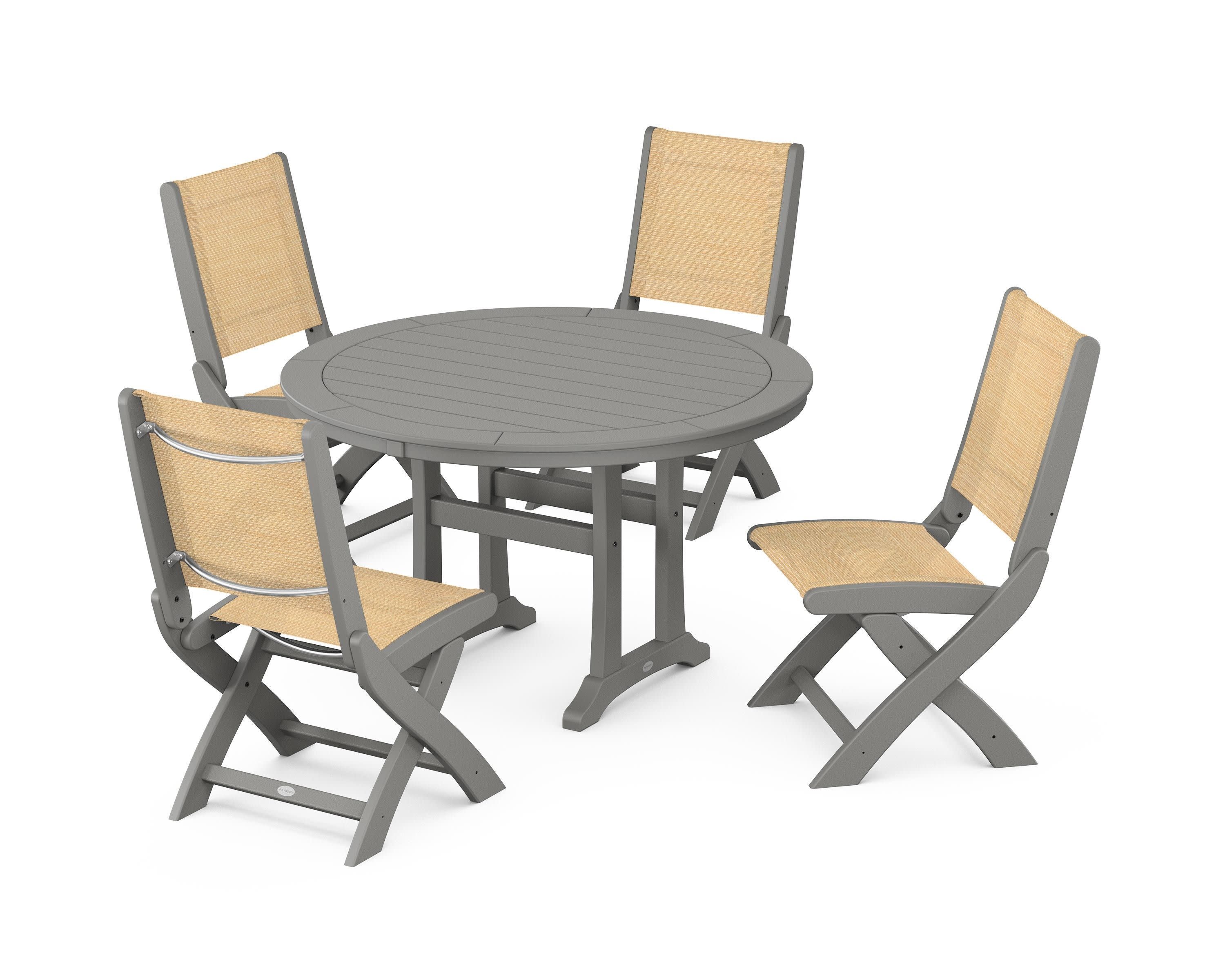 Coastal Folding Side Chair 5-Piece Round Dining Set With Trestle Legs in Slate Grey / Dupioni Apricot Sling