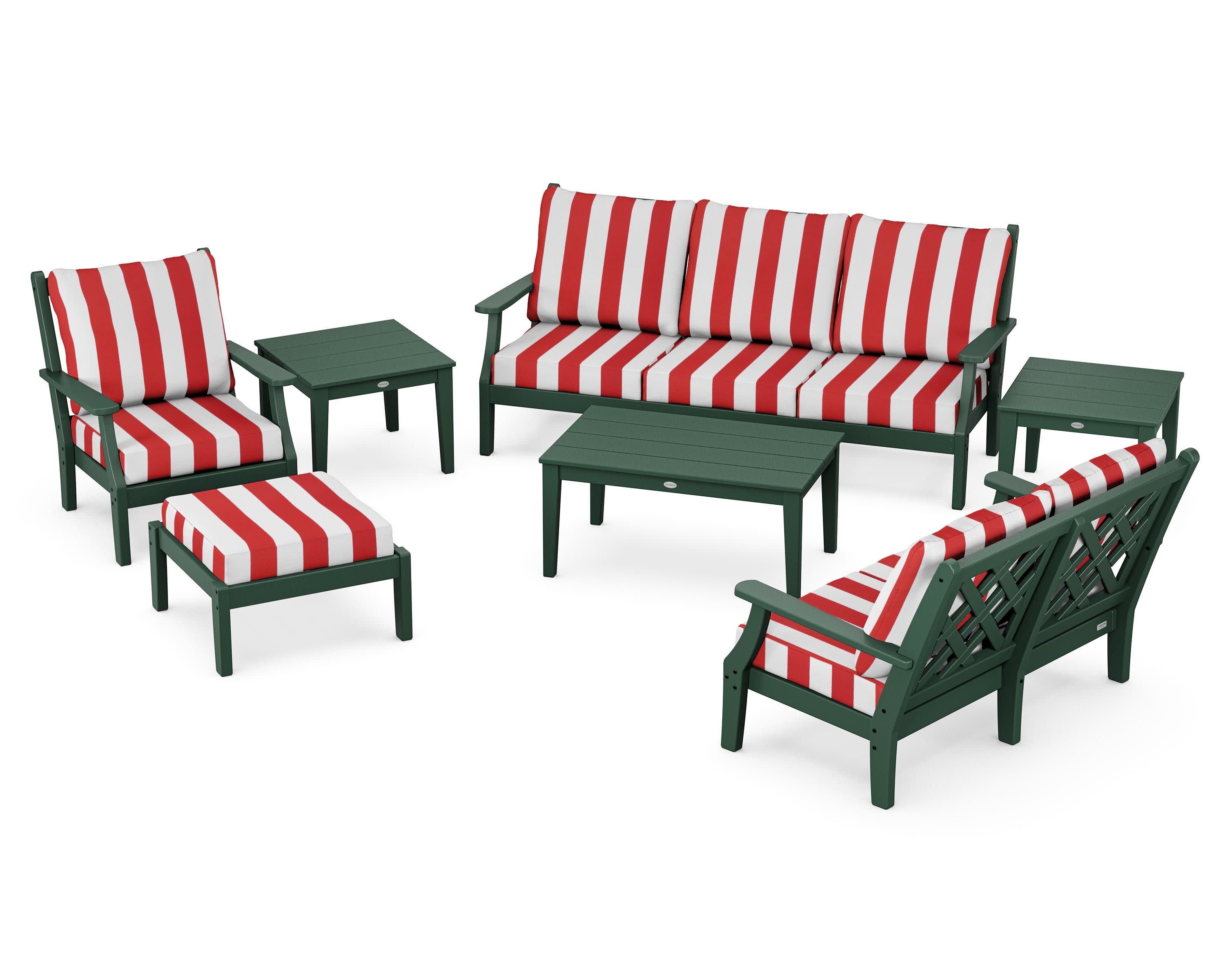 Wovendale 7-Piece Deep Seating Set in Green / Cabana Stripe Crimson