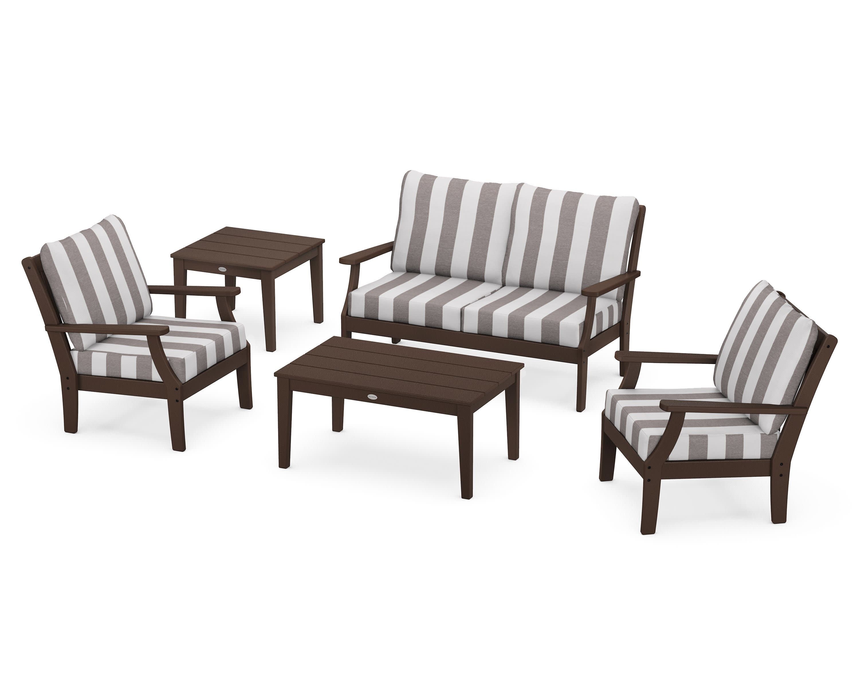 Braxton 5-Piece Deep Seating Set in Mahogany / Cabana Stripe Grey Mist
