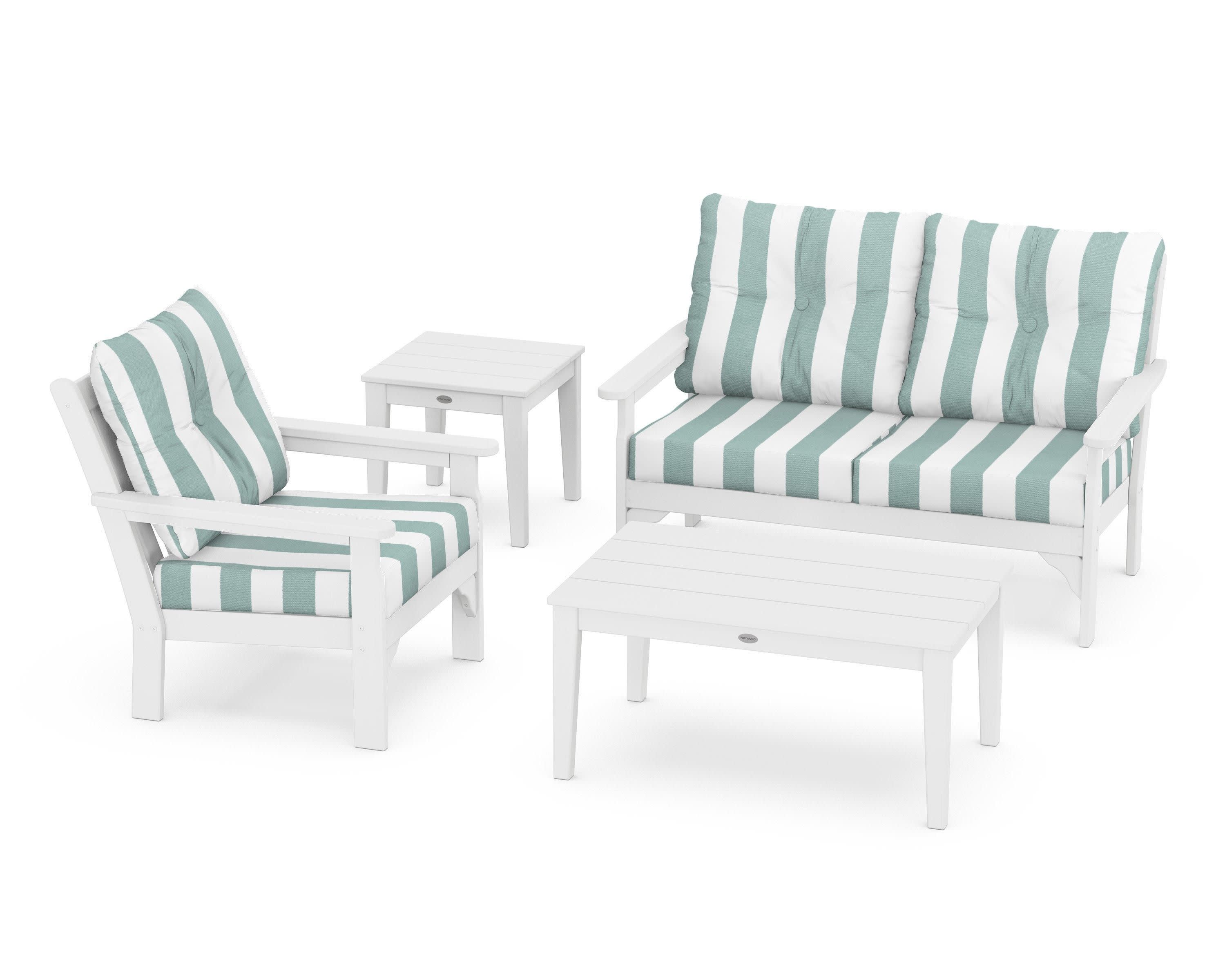 Vineyard 4-Piece Deep Seating Set in White / Cabana Stripe Glacier Spa