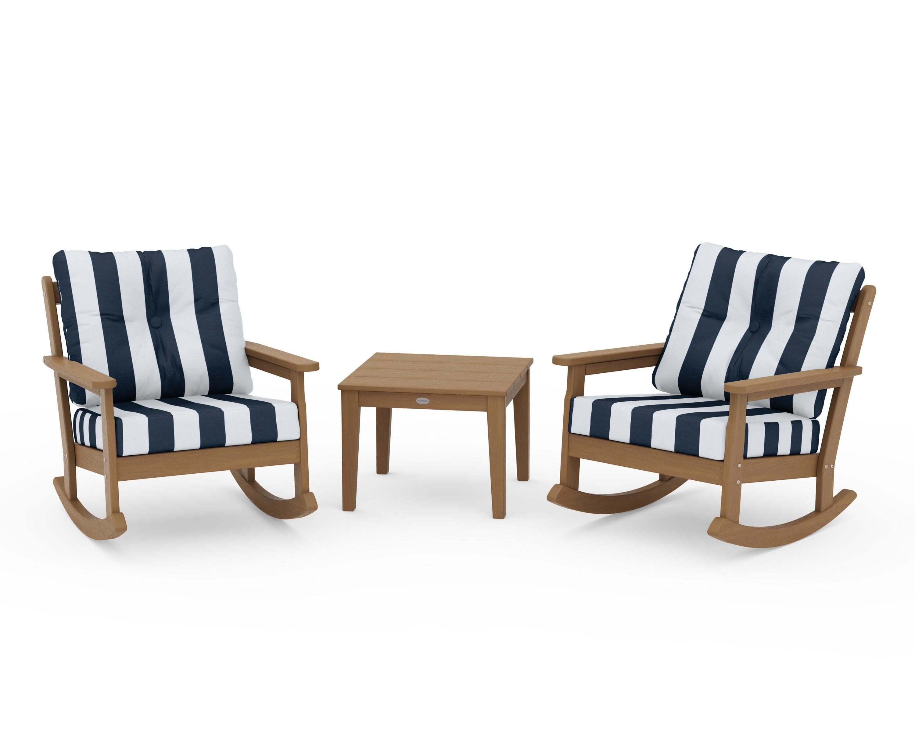 Vineyard 3-Piece Deep Seating Rocker Set in Natural / Cabana Stripe Marine Indigo