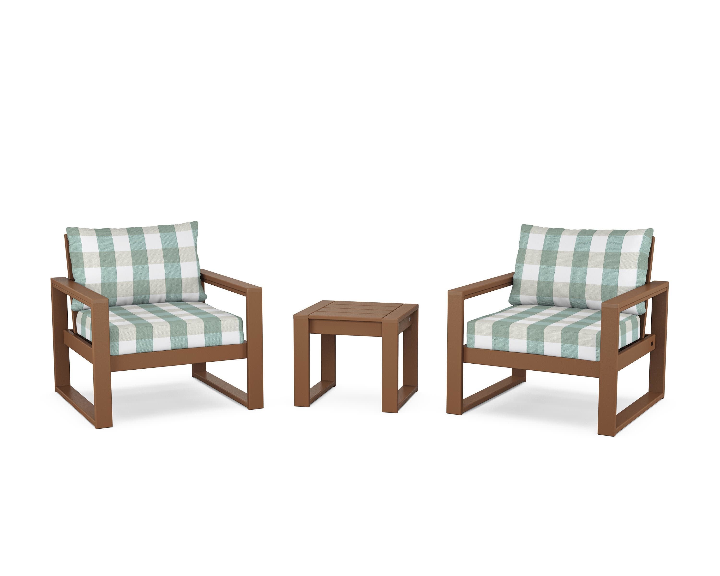 EDGE Sectional 3-Piece Deep Seating Set in Teak / Buffalo Plaid Glacier Spa