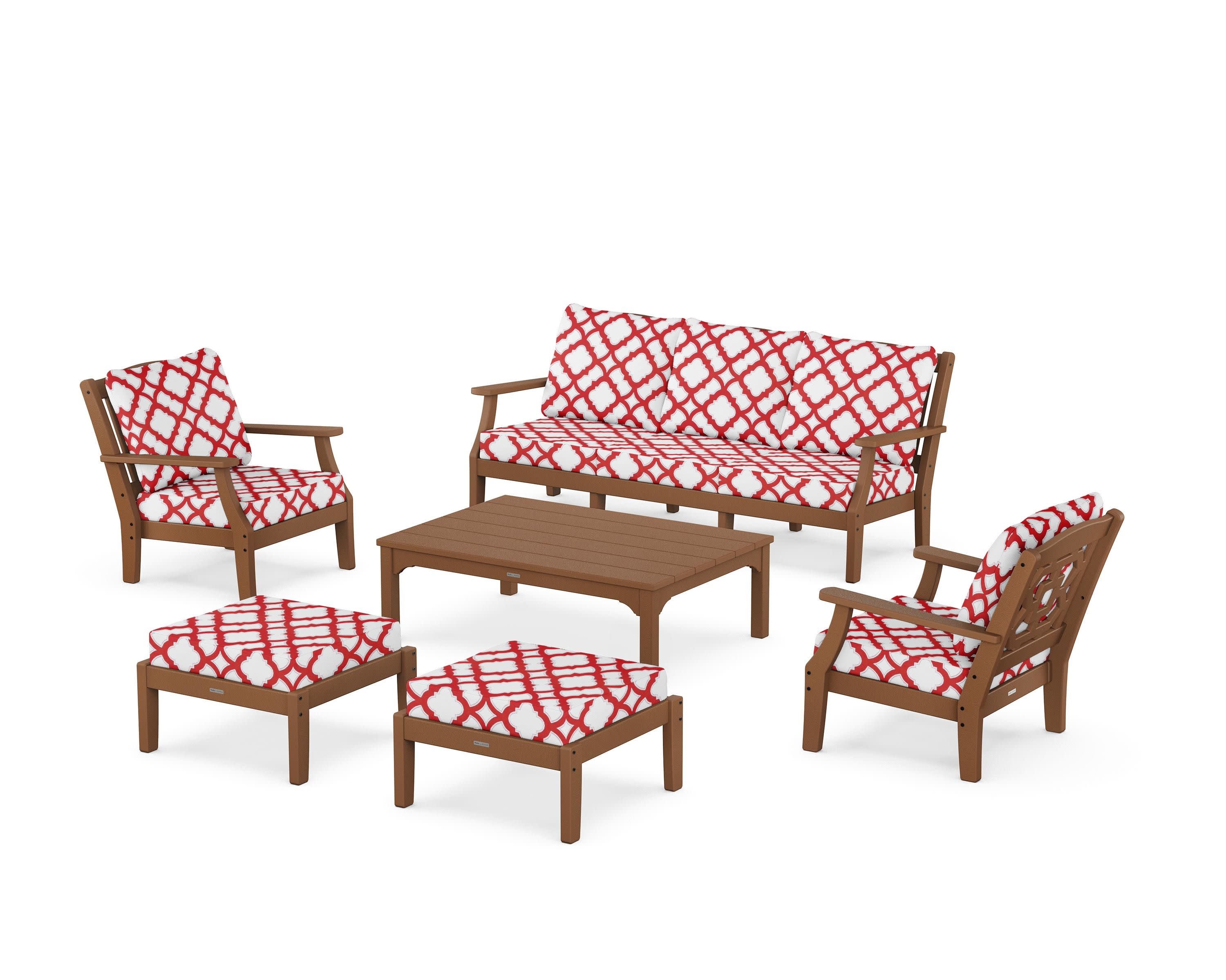Chinoiserie 6-Piece Lounge Sofa Set in Teak / Trellis Crimson