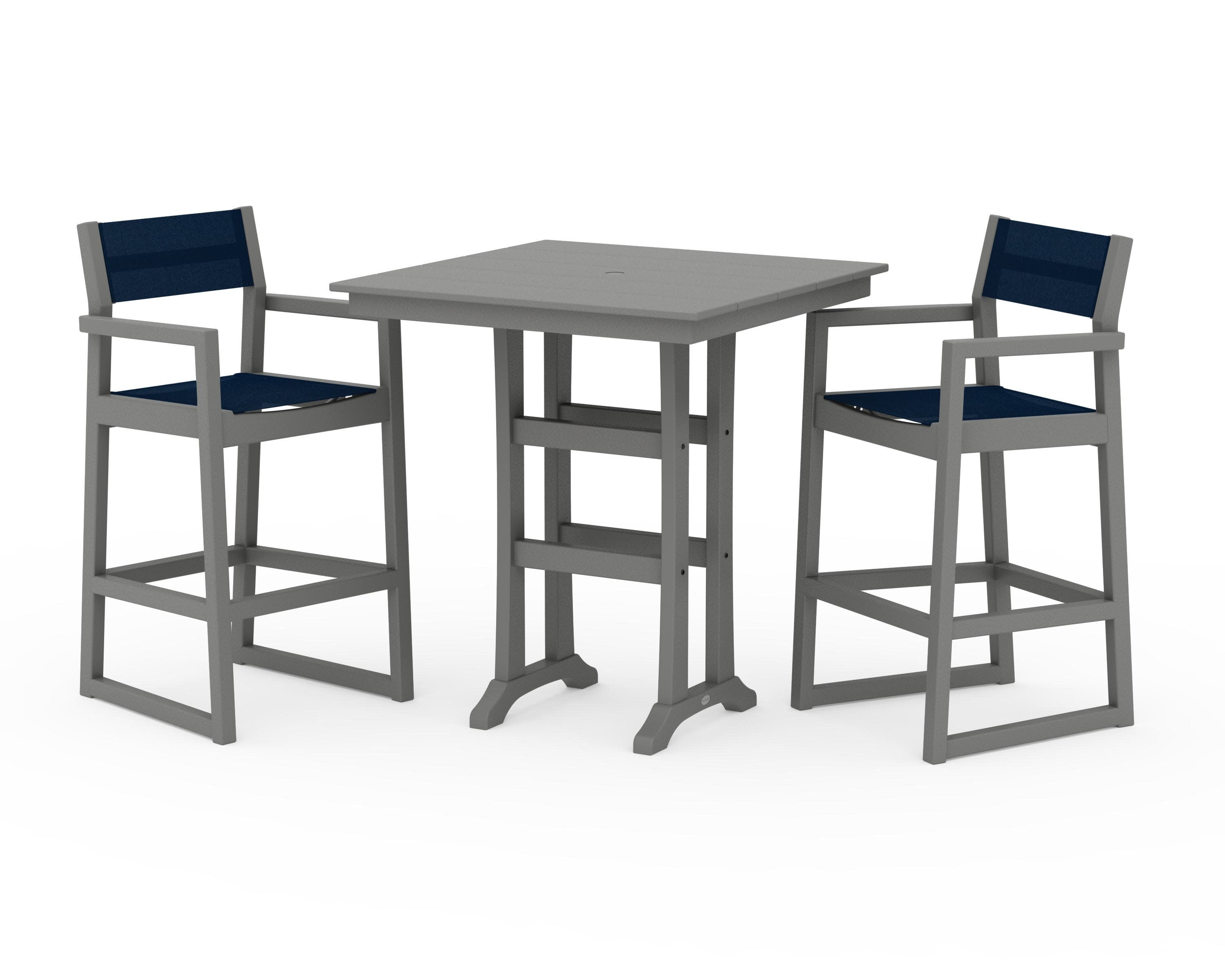 EDGE Sling Arm Chair 3-Piece Farmhouse Bar Set with Trestle Legs in Slate Grey / Navy Blue Sling