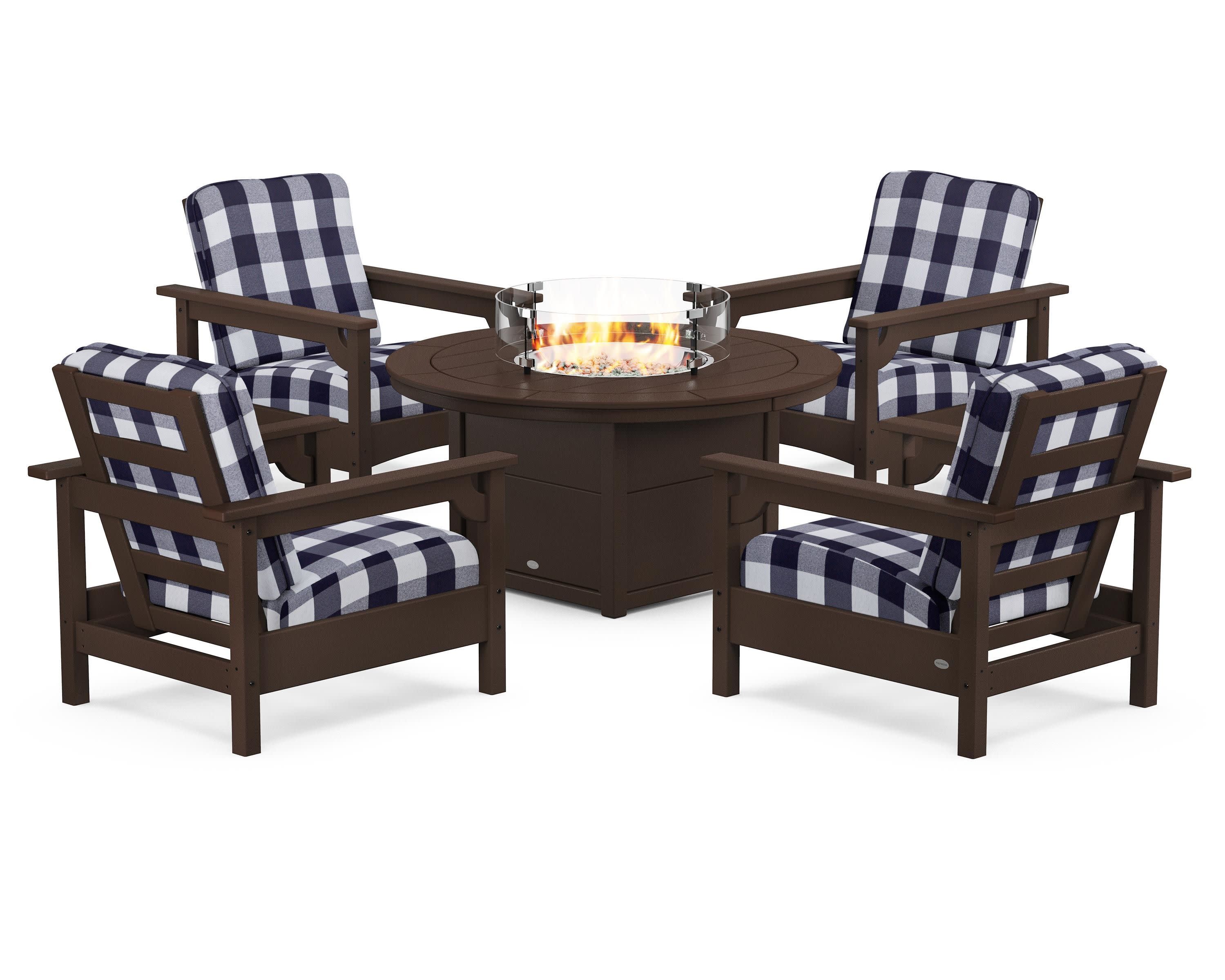 Club 5-Piece Conversation Set with Fire Pit Table in Mahogany / Buffalo Plaid Navy