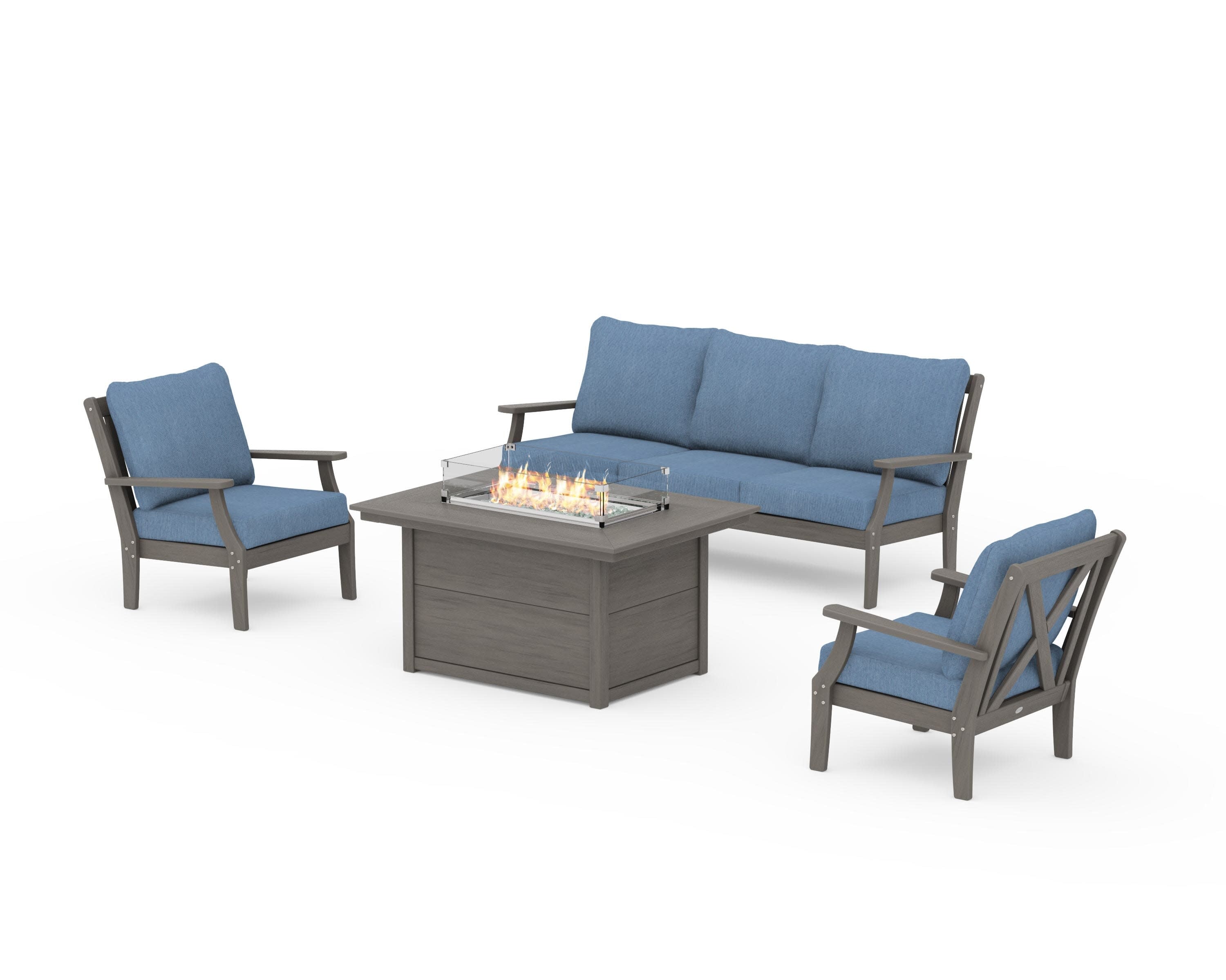 Braxton Deep Seating Fire Pit Table Set in Driftwood / Sky Blue