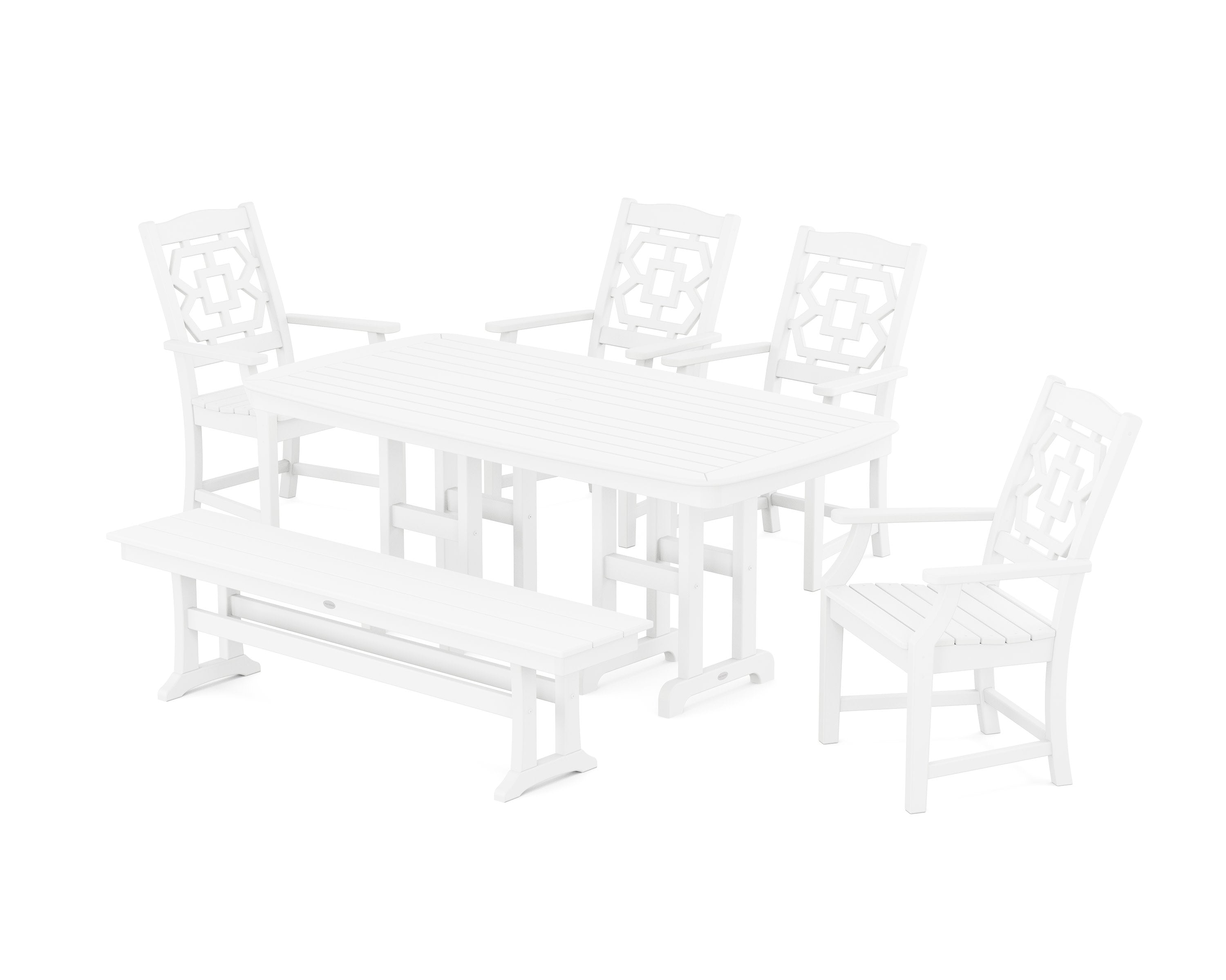 Chinoiserie 6-Piece Dining Set with Bench in White