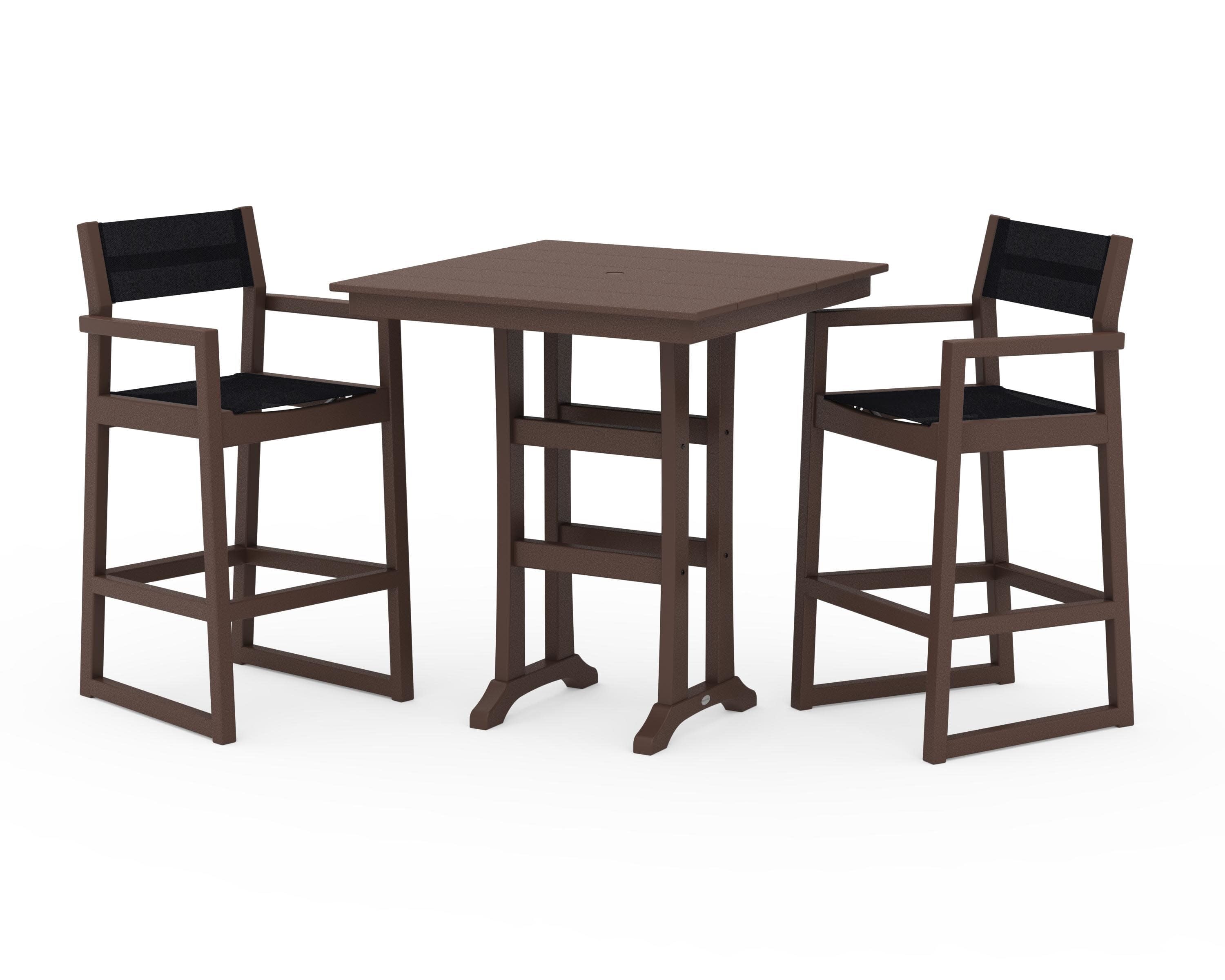 EDGE Sling Arm Chair 3-Piece Farmhouse Bar Set with Trestle Legs in Mahogany / Black Sling