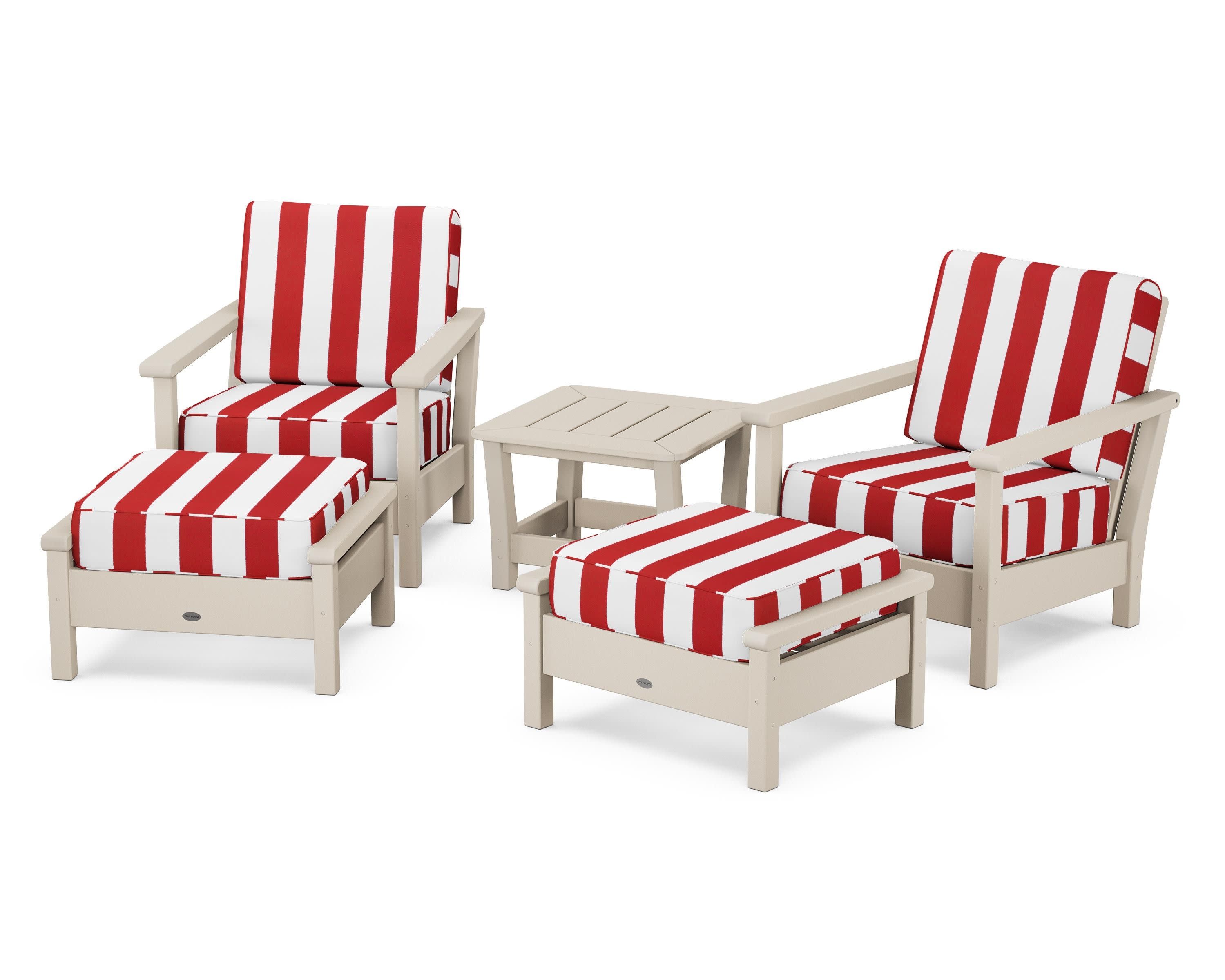 Harbour 5-Piece Deep Seating Chair Set in Sand / Cabana Stripe Crimson