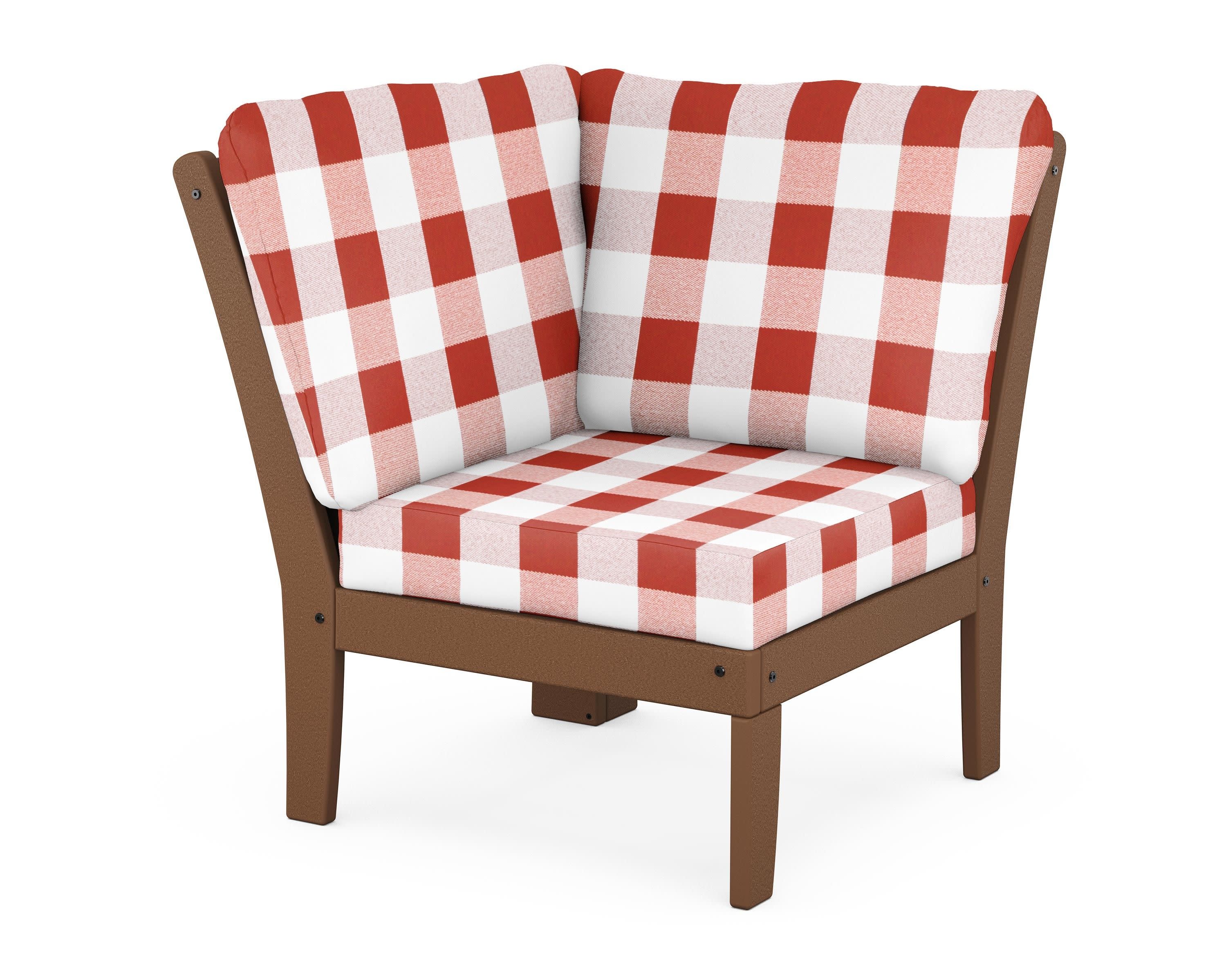 Braxton Modular Corner Chair in Teak / Buffalo Plaid Crimson
