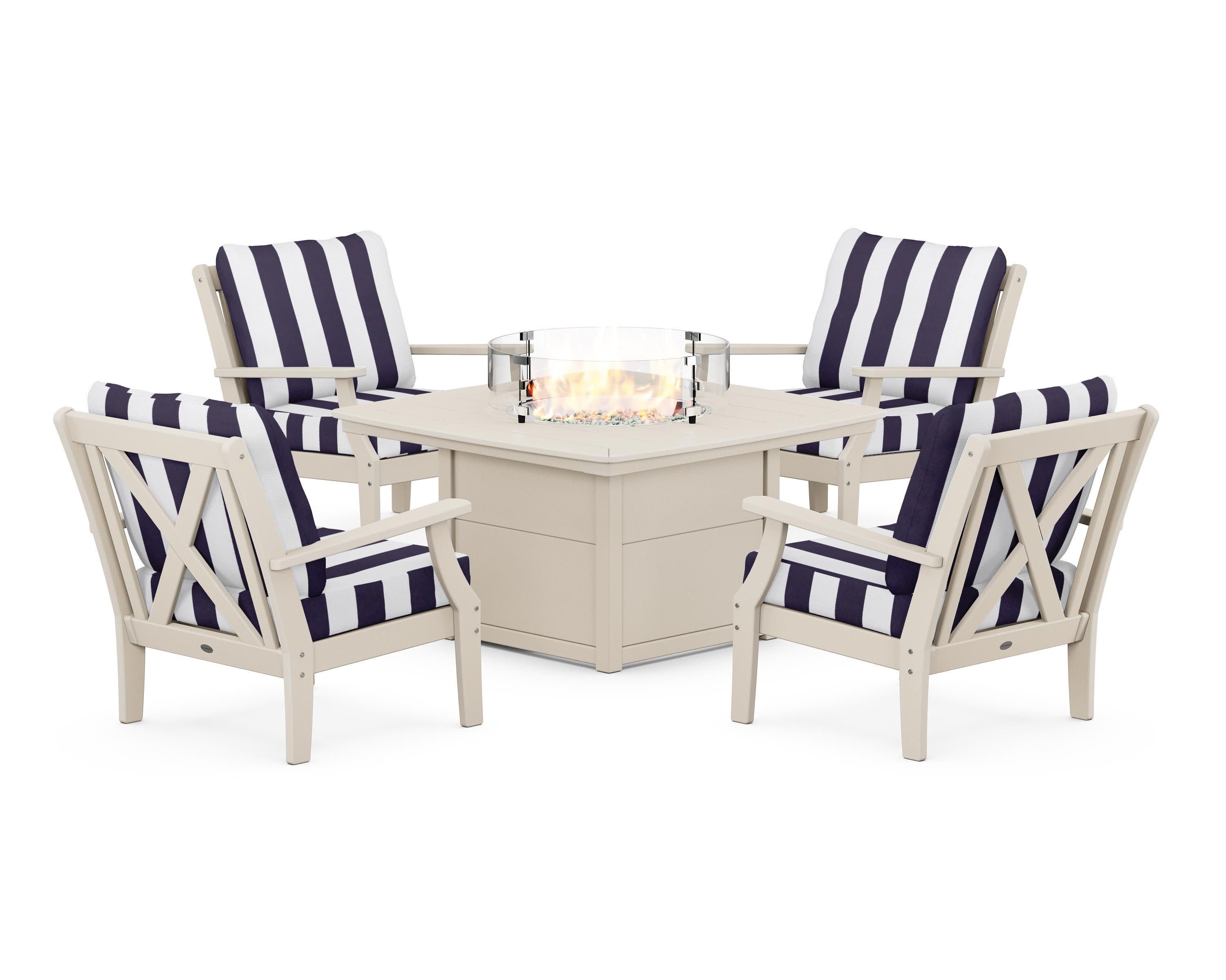 Braxton 5-Piece Deep Seating Conversation Set with Fire Pit Table in Sand / Cabana Stripe Navy