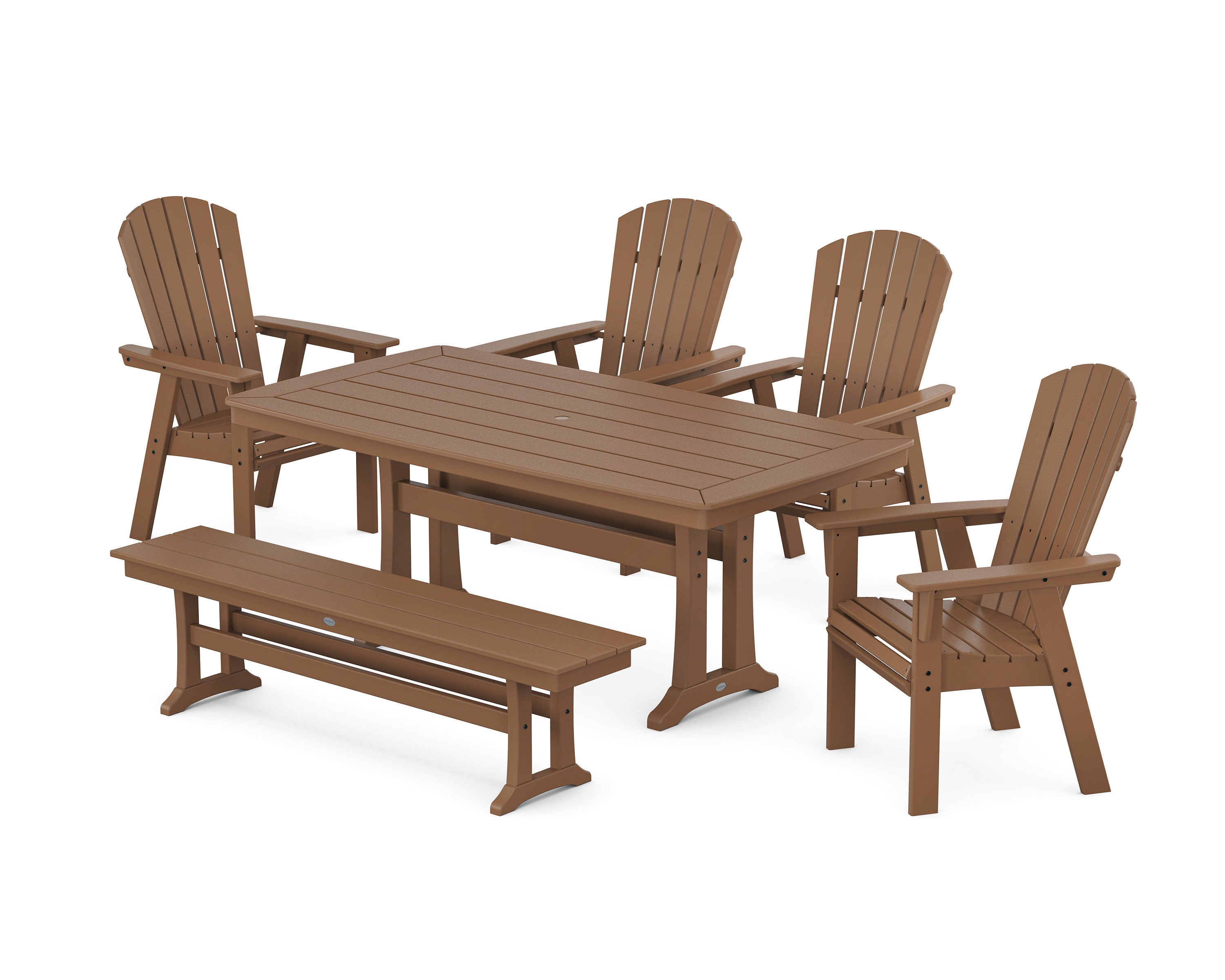 Nautical Curveback Adirondack 6-Piece Dining Set with Trestle Legs and Bench in Teak