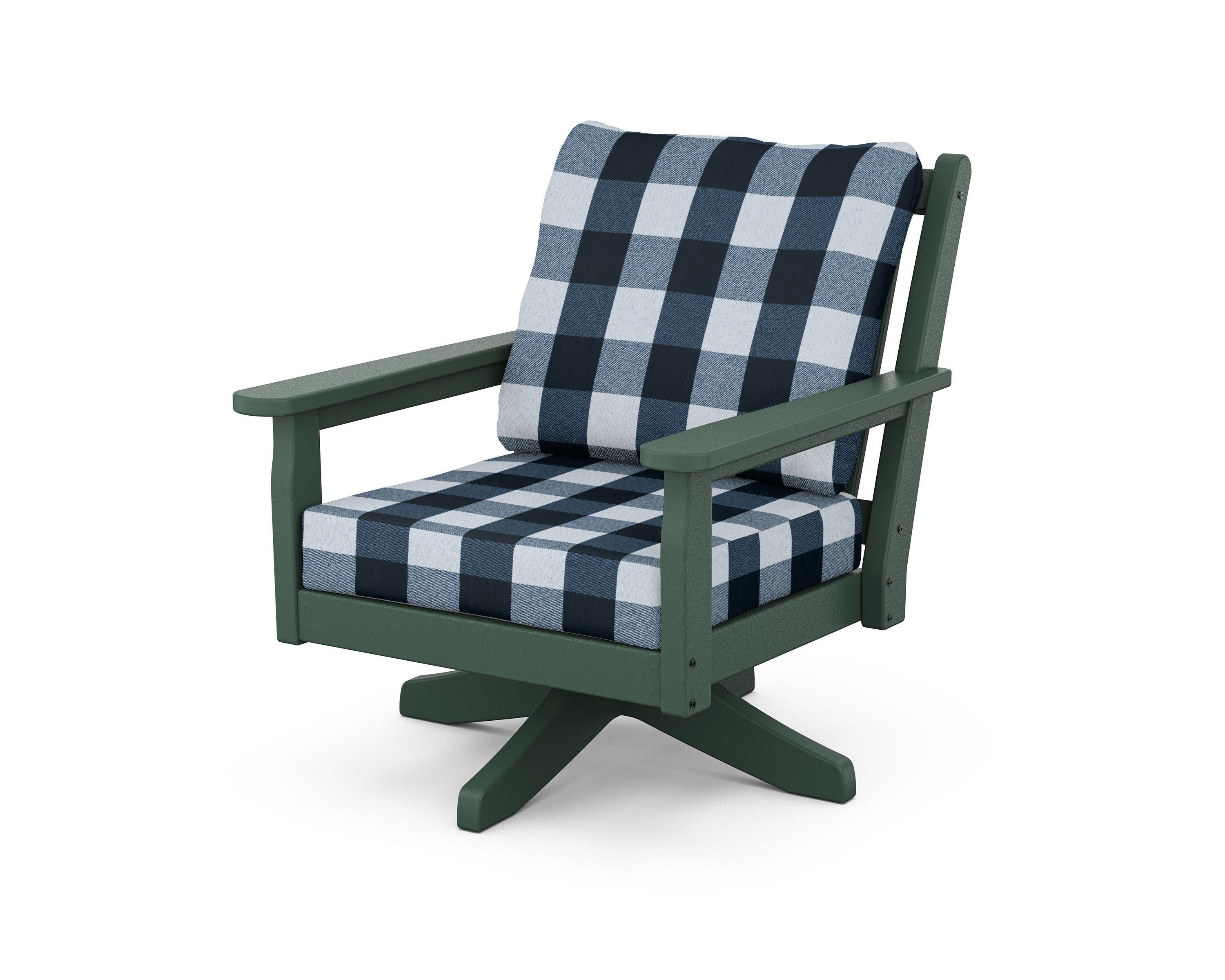 Chippendale Deep Seating Swivel Chair in Green / Buffalo Plaid Marine Indigo