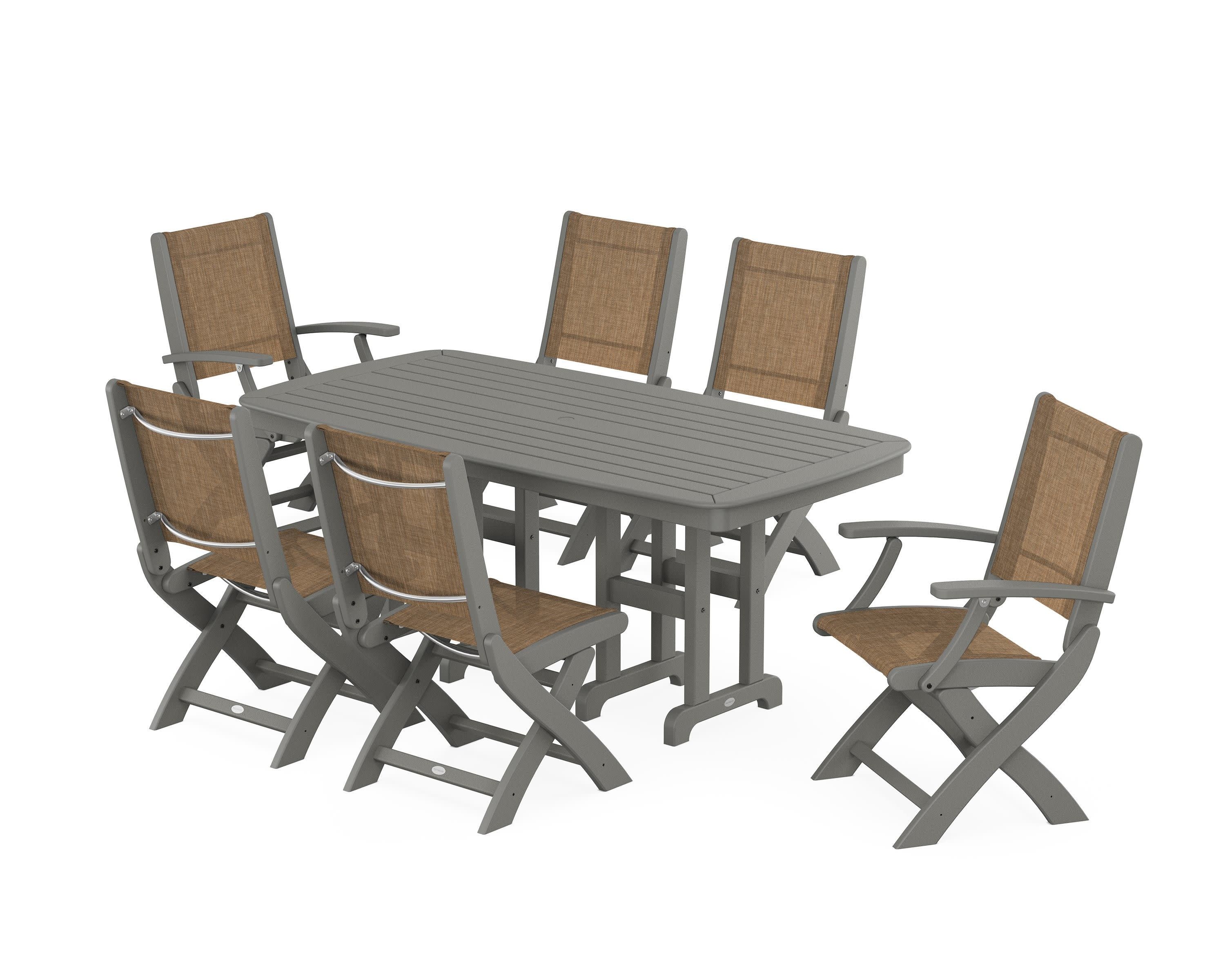 Coastal Folding Chair 7-Piece Dining Set in Slate Grey / Burlap Sling