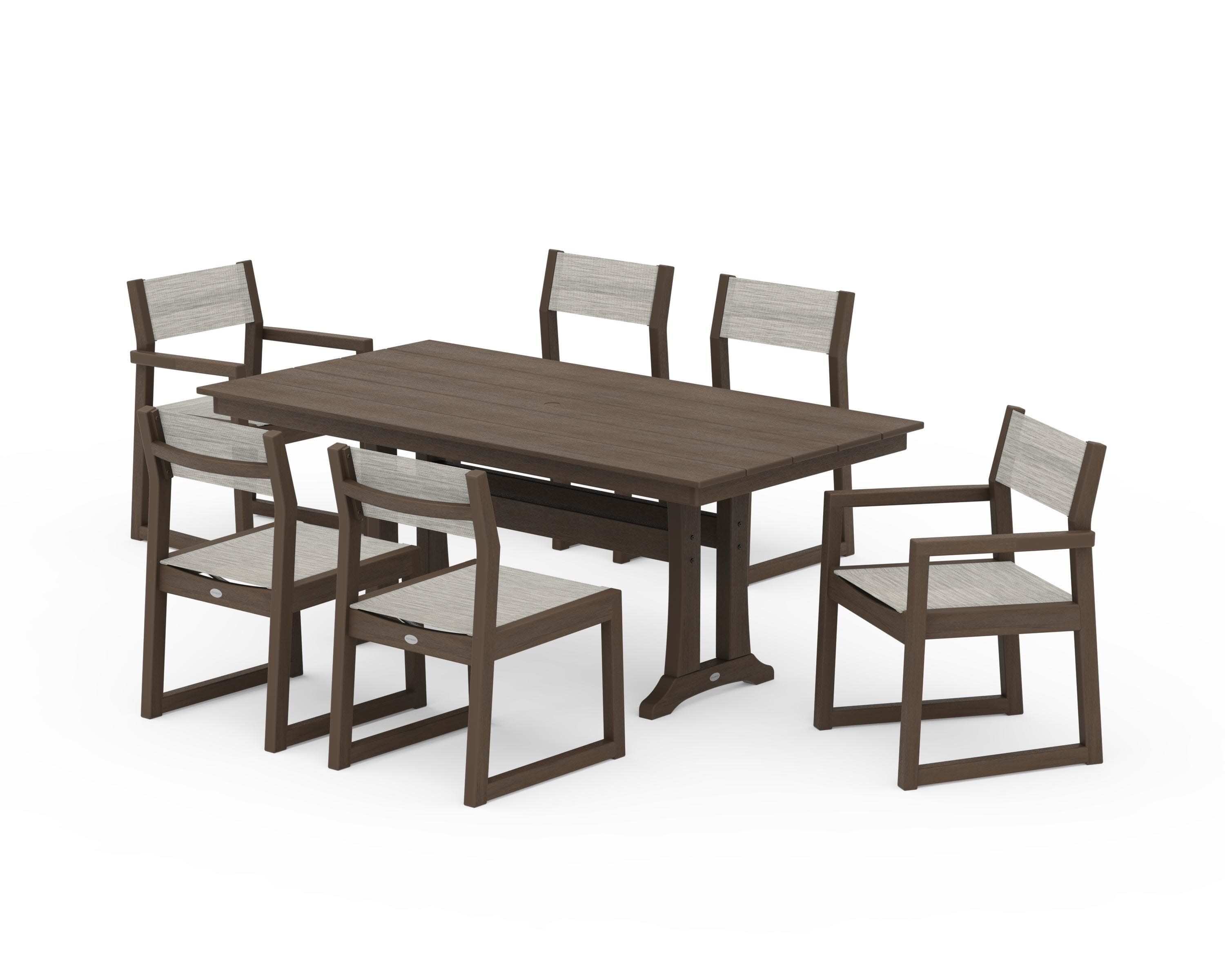 EDGE Sling 7-Piece Farmhouse Trestle Dining Set in Kona / Birch Sling