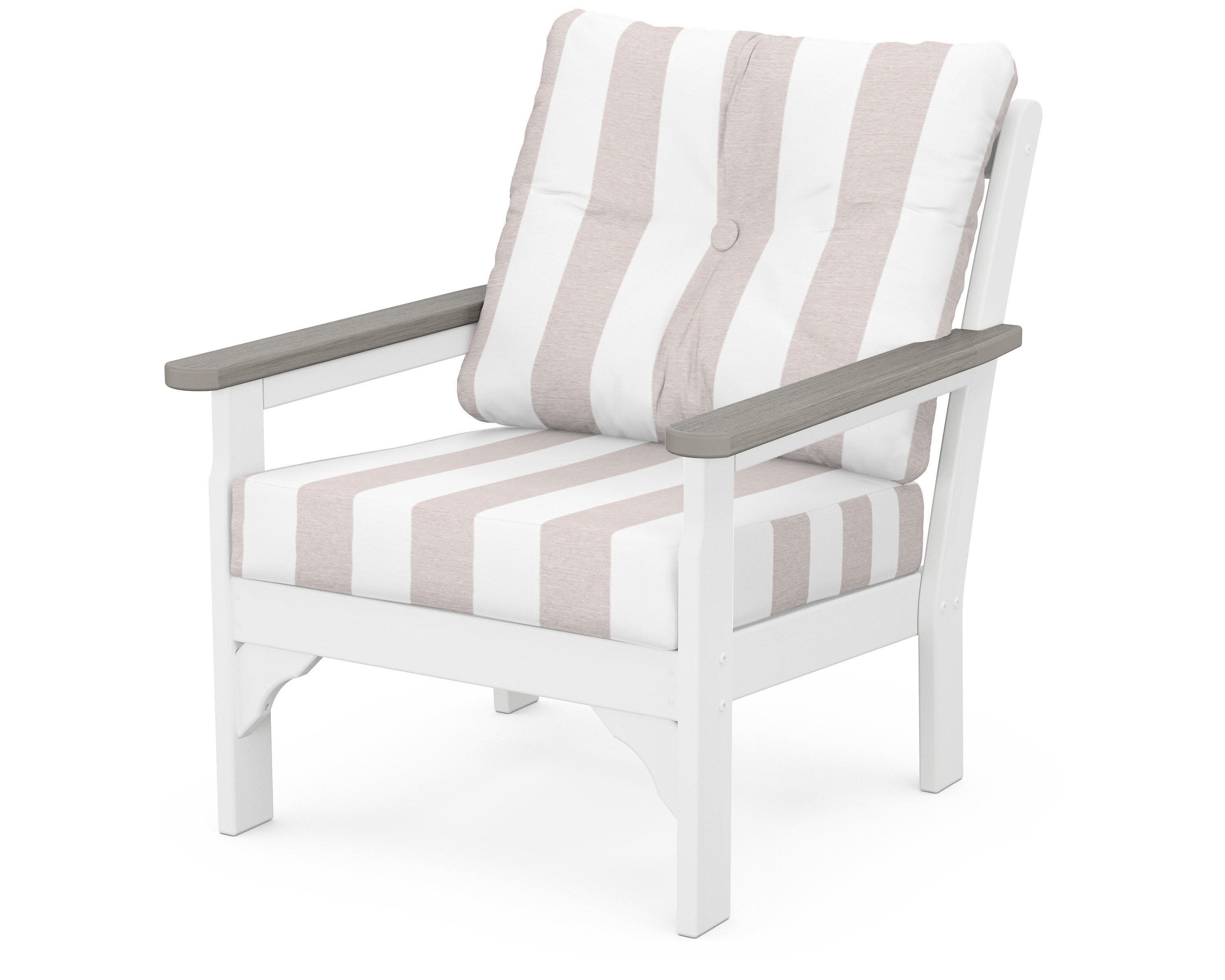 Vineyard Deep Seating Chair in White / Driftwood / Cabana Stripe Dune Burlap