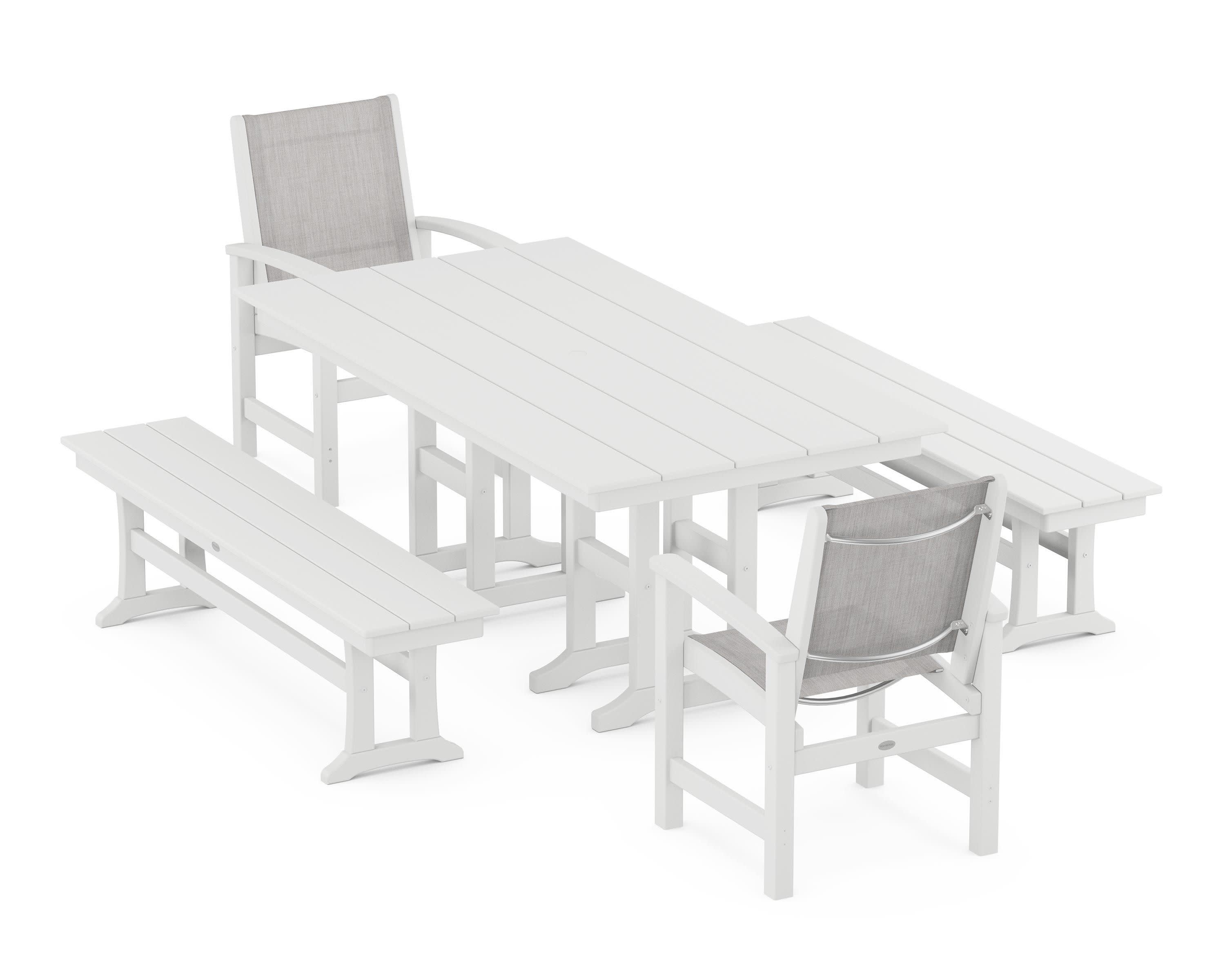 Coastal 5-Piece Farmhouse Dining Set in White / Parchment Sling