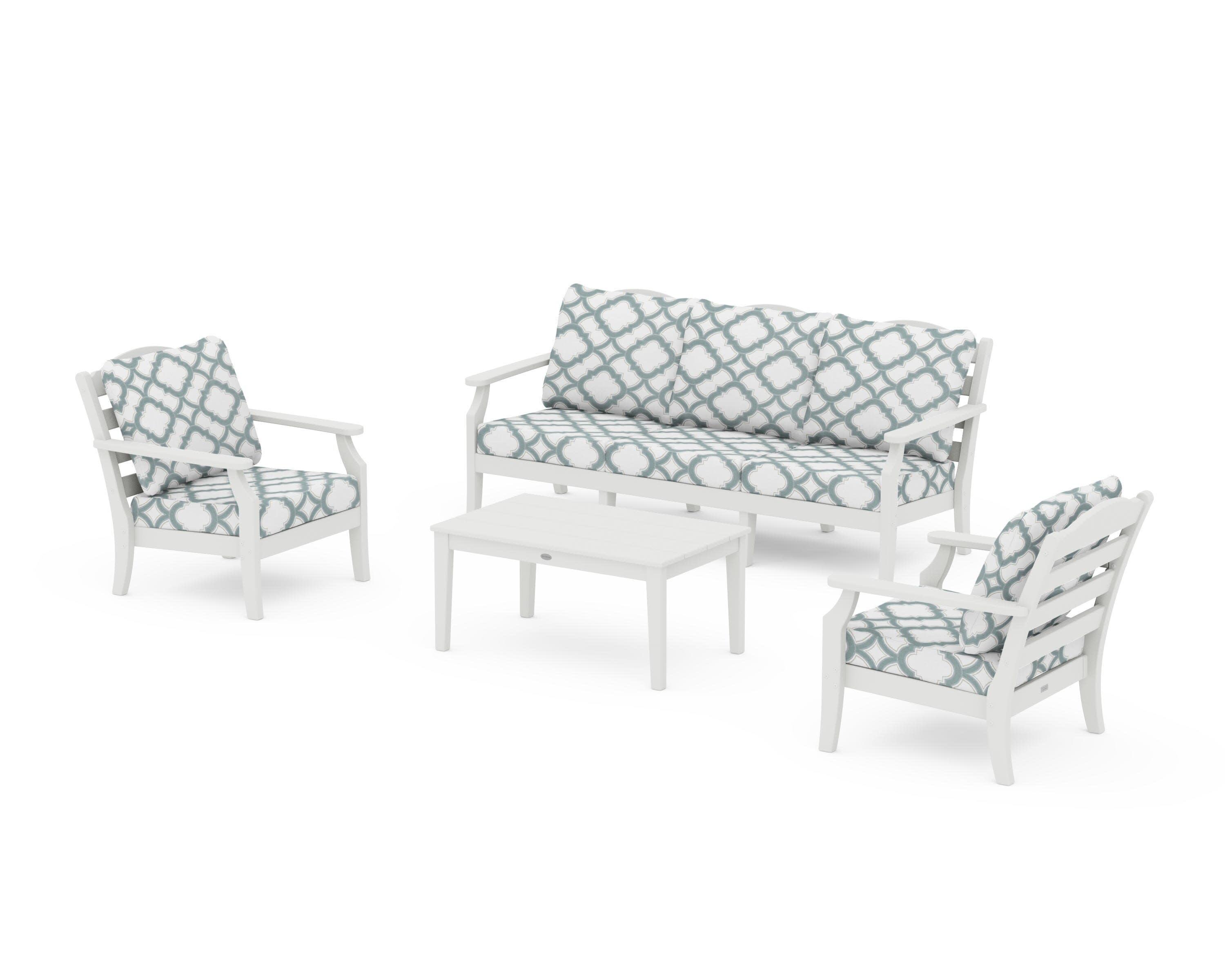 Savannah 4-Piece Deep Seating Set with Sofa in Vintage White / Trellis Glacier Spa