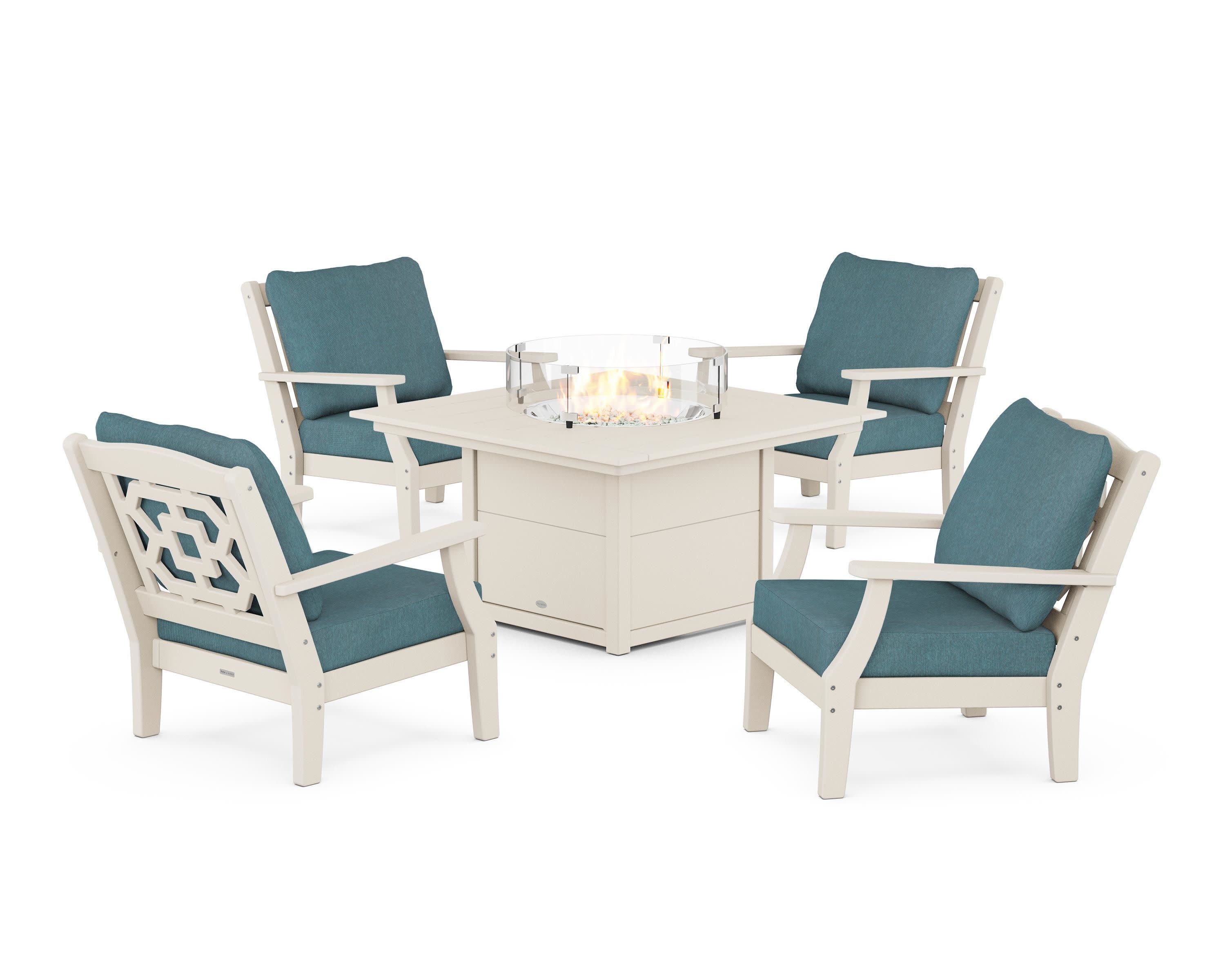Chinoiserie 5-Piece Deep Seating Set with Fire Pit Table in Sand / Ocean Teal