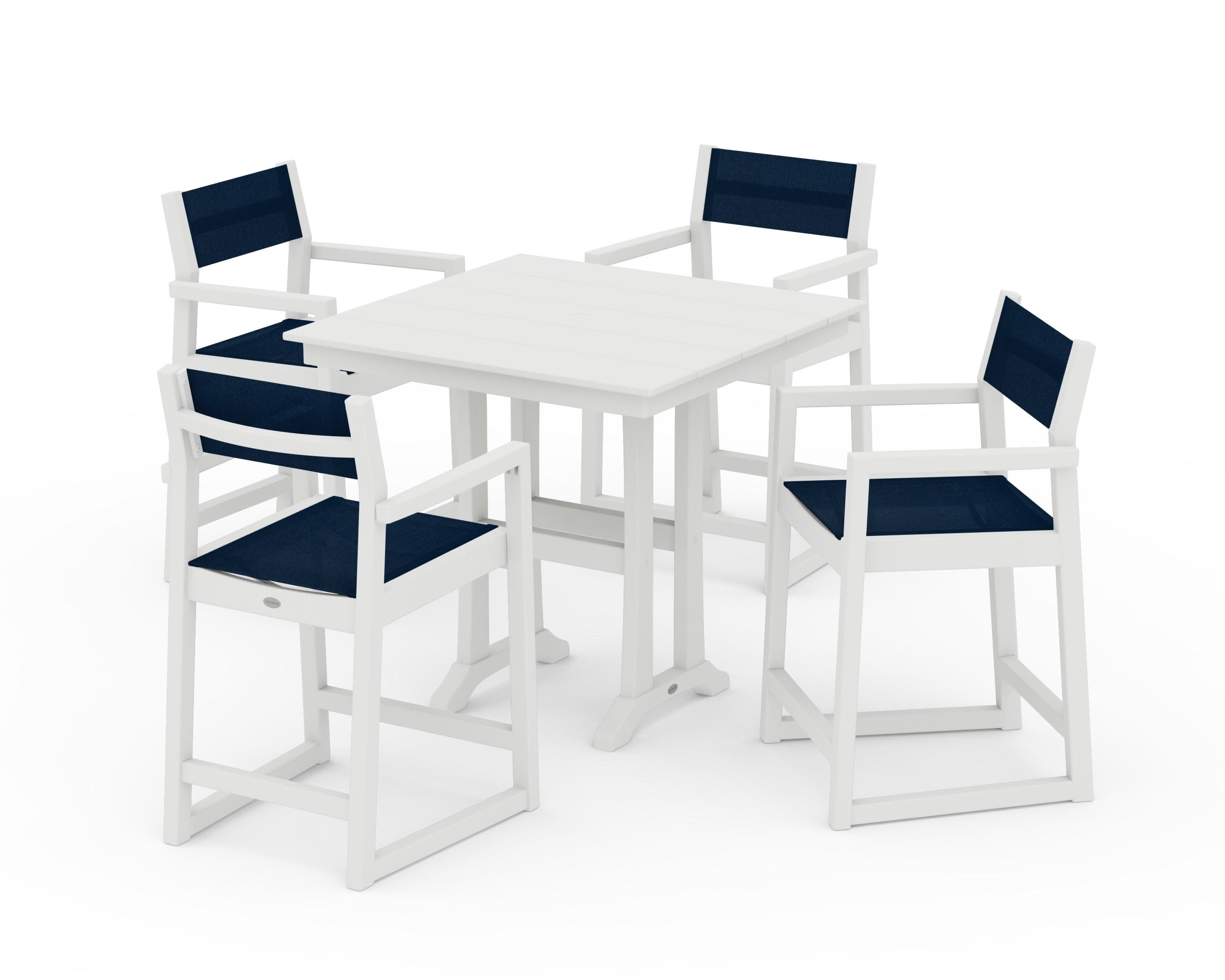 EDGE Sling Arm Chair 5-Piece Farmhouse Counter Set with Trestle Legs in Vintage White / Navy Blue Sling