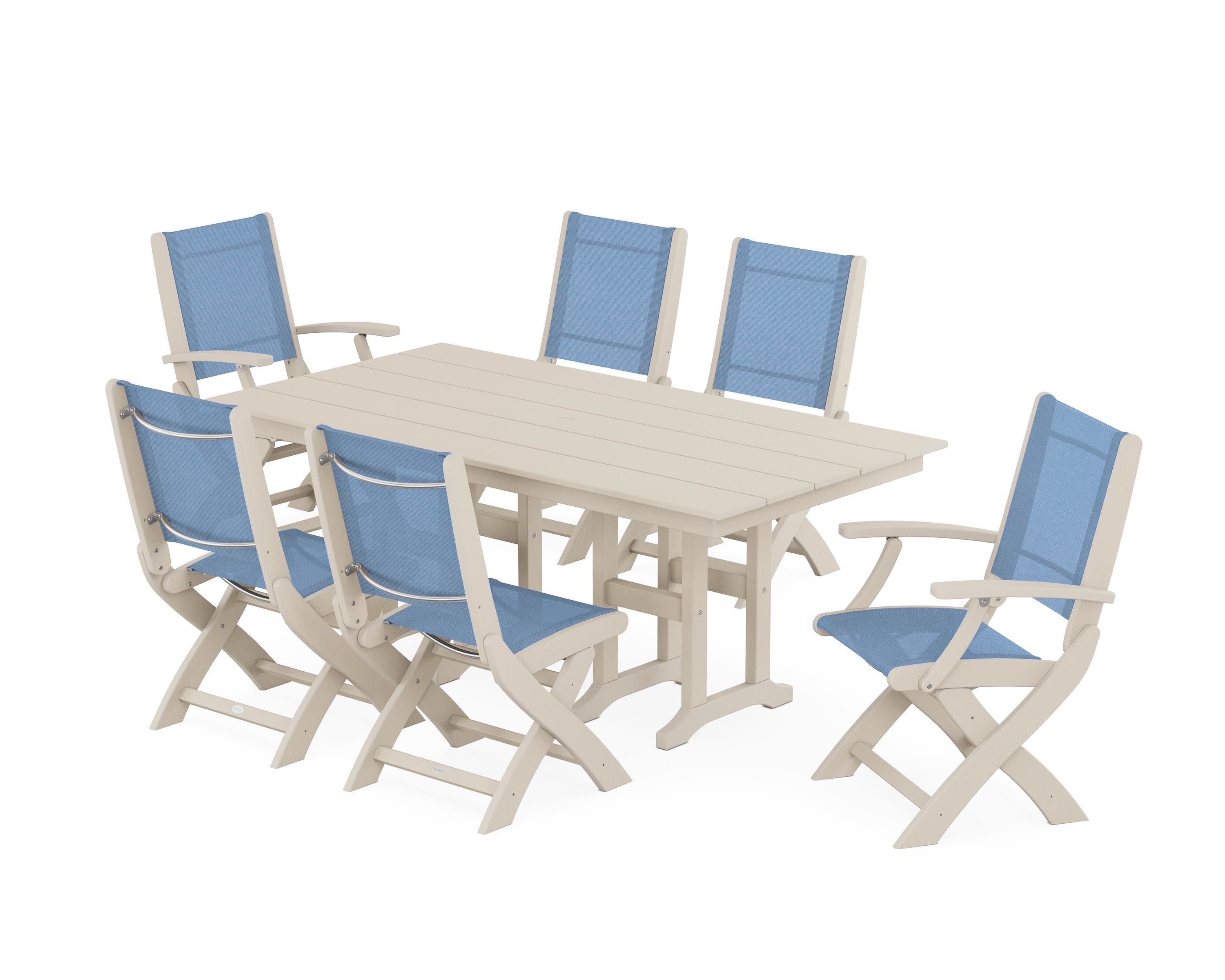 Coastal Folding Chair 7-Piece Farmhouse Dining Set in Sand / Poolside Sling
