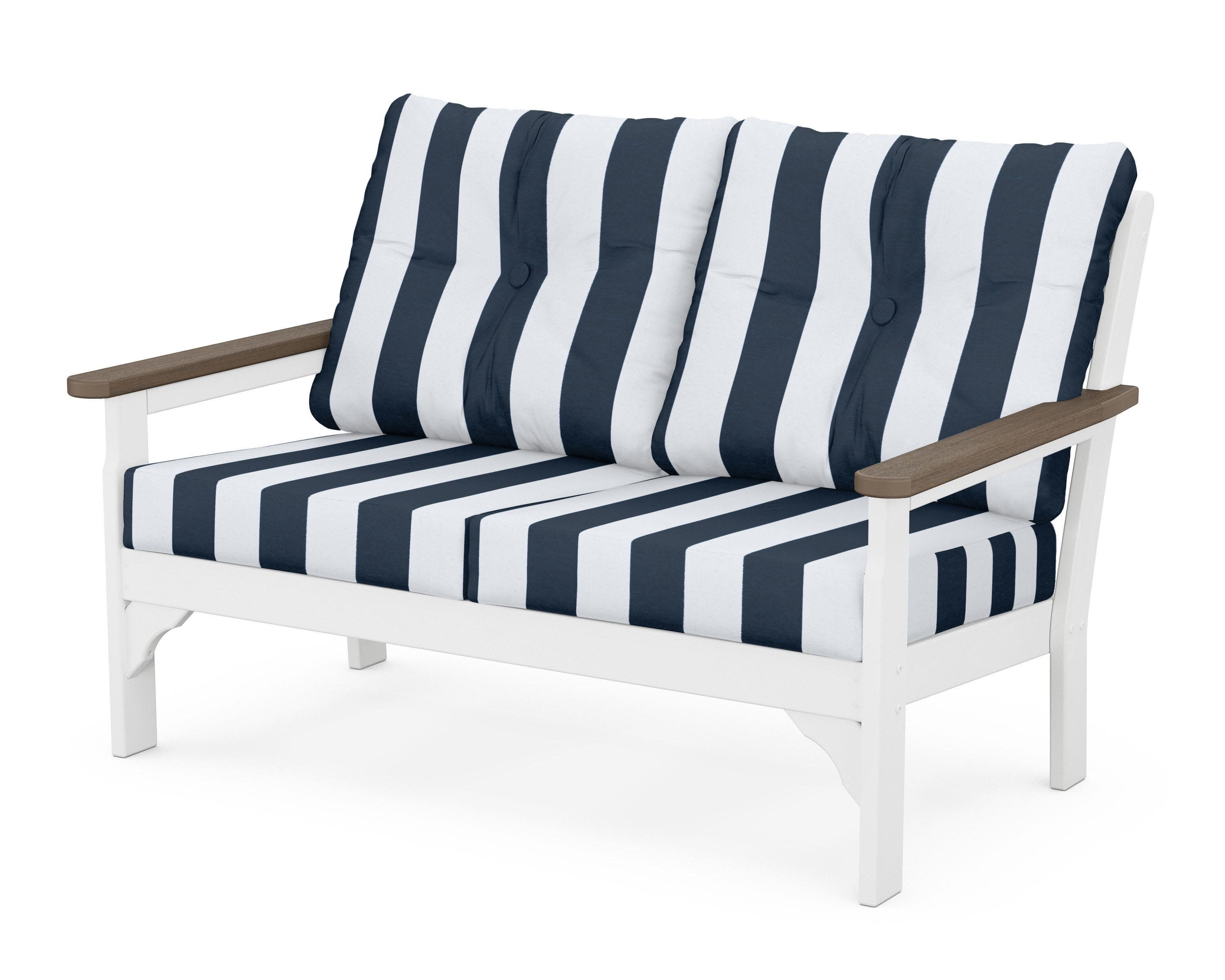 Vineyard Deep Seating Loveseat in White / Kona / Cabana Stripe Marine Indigo