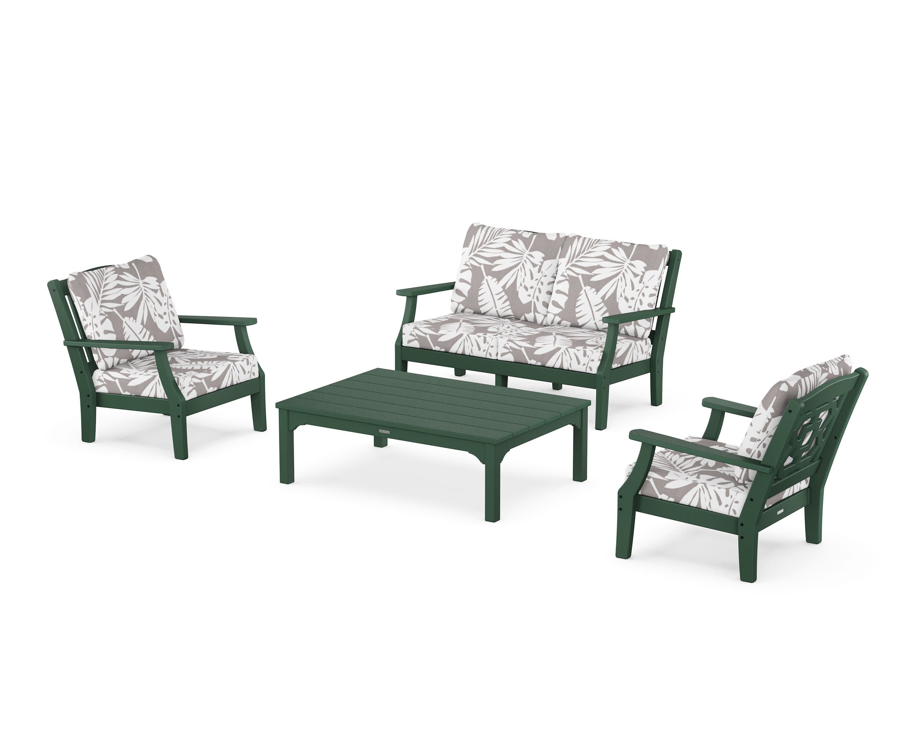 Chinoiserie 4-Piece Deep Seating Set with Loveseat in Green / Leaf Grey Mist