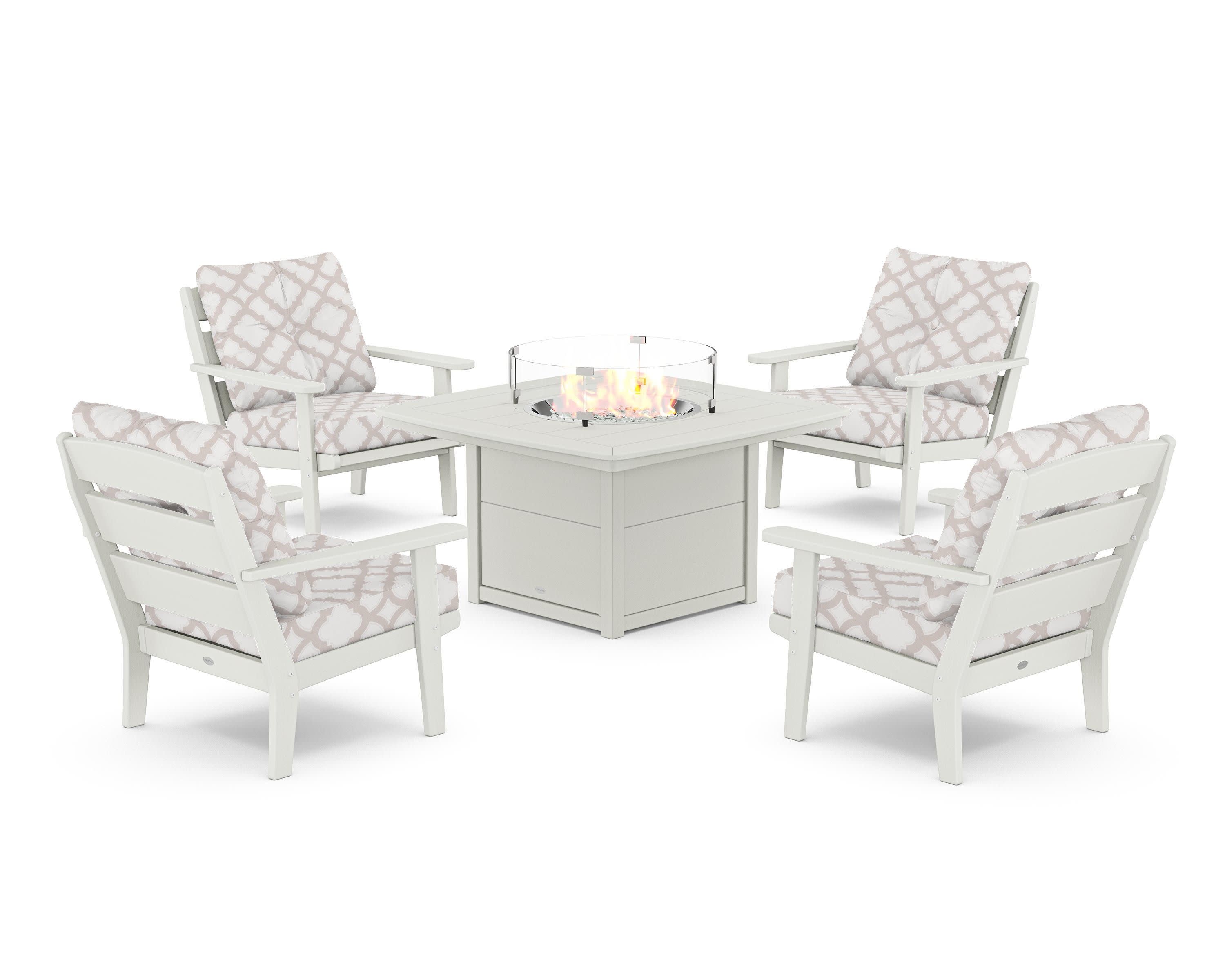 Lakeside 5-Piece Deep Seating Set with Nautical Fire Pit Table in Vintage White / Trellis Dune Burlap