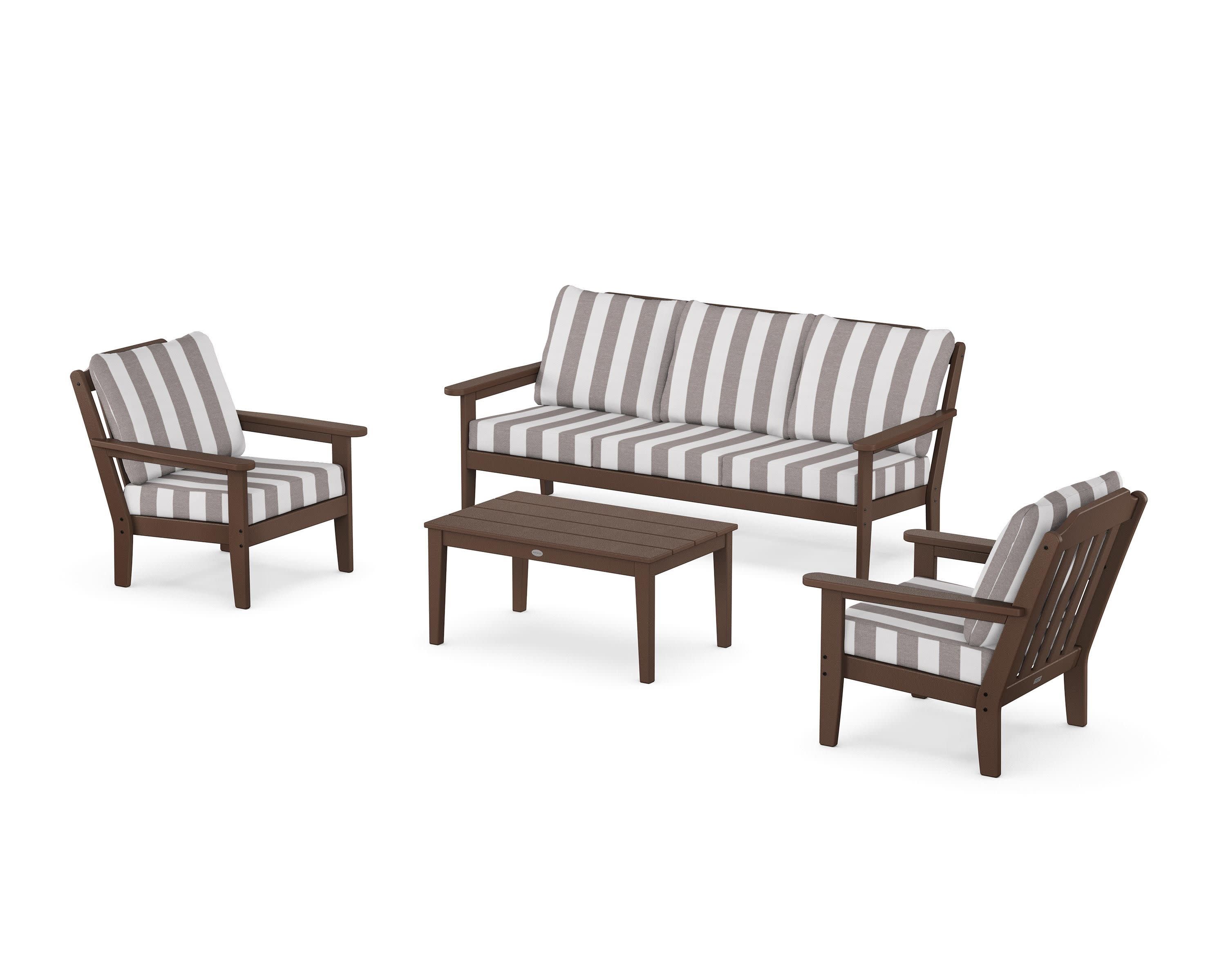 Cottage 4-Piece Deep Seating Set with Sofa in Mahogany / Cabana Stripe Grey Mist
