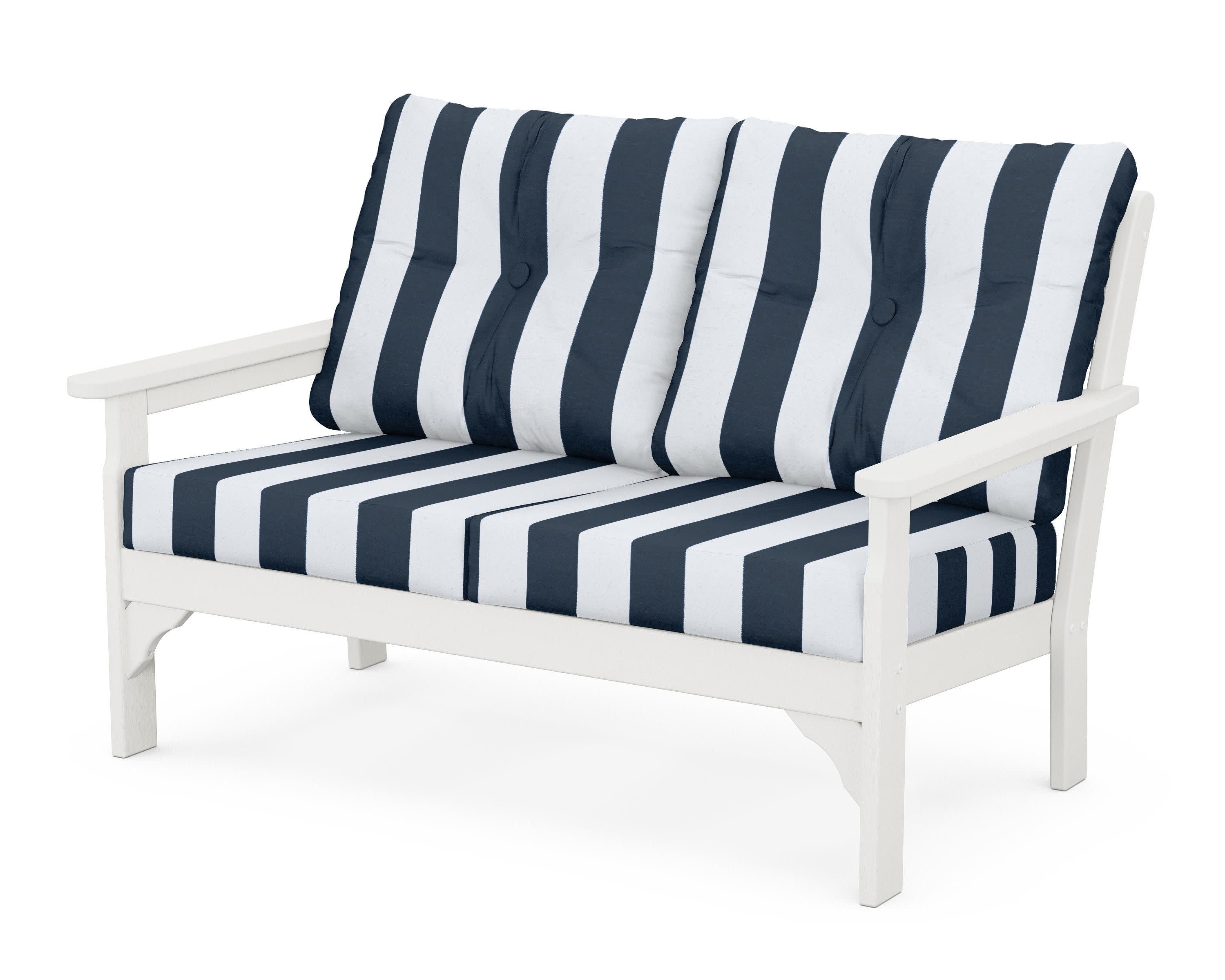 Vineyard Deep Seating Loveseat in Vintage White / Cabana Stripe Marine Indigo