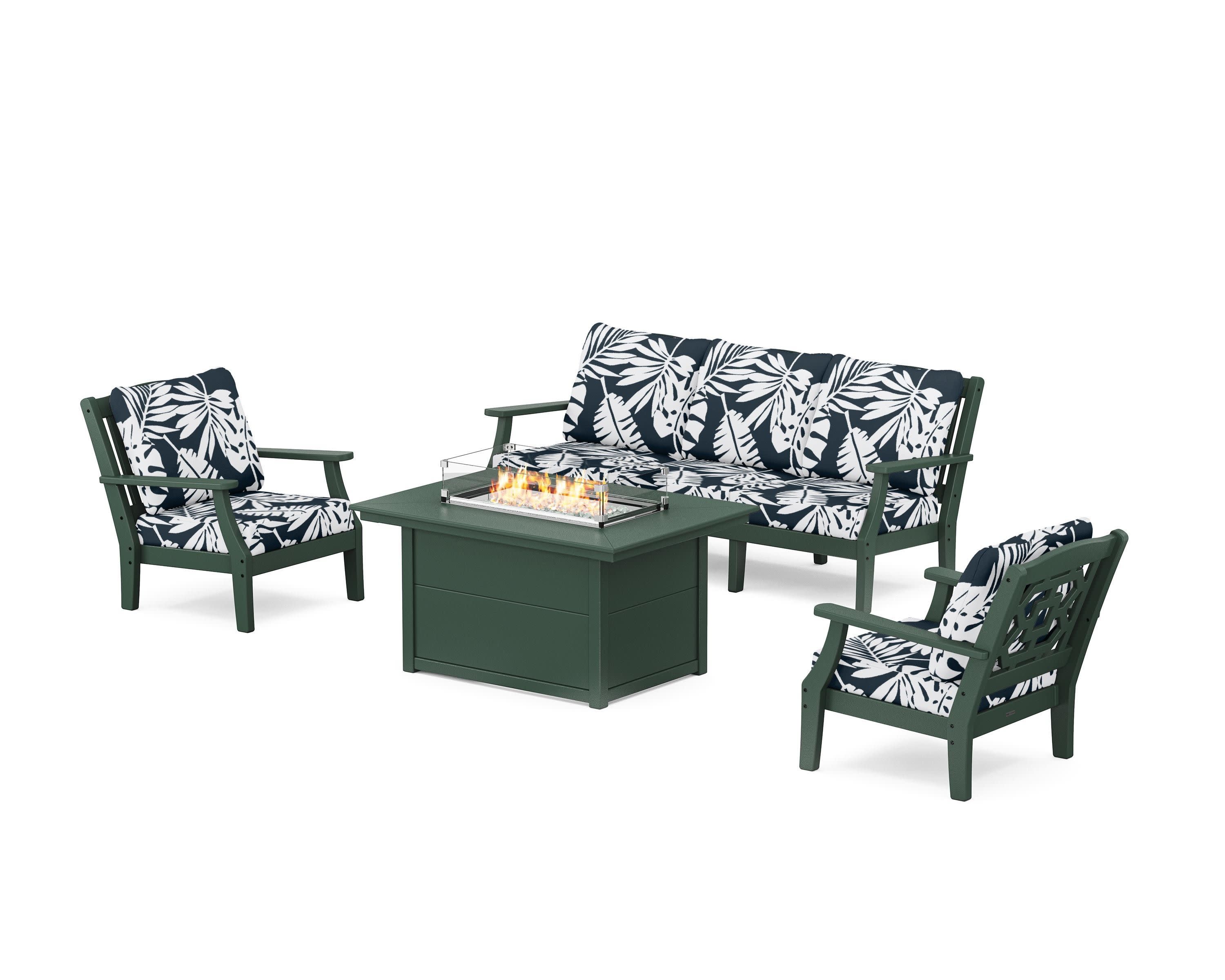 Chinoiserie Deep Seating Fire Pit Table Set in Green / Leaf Marine Indigo