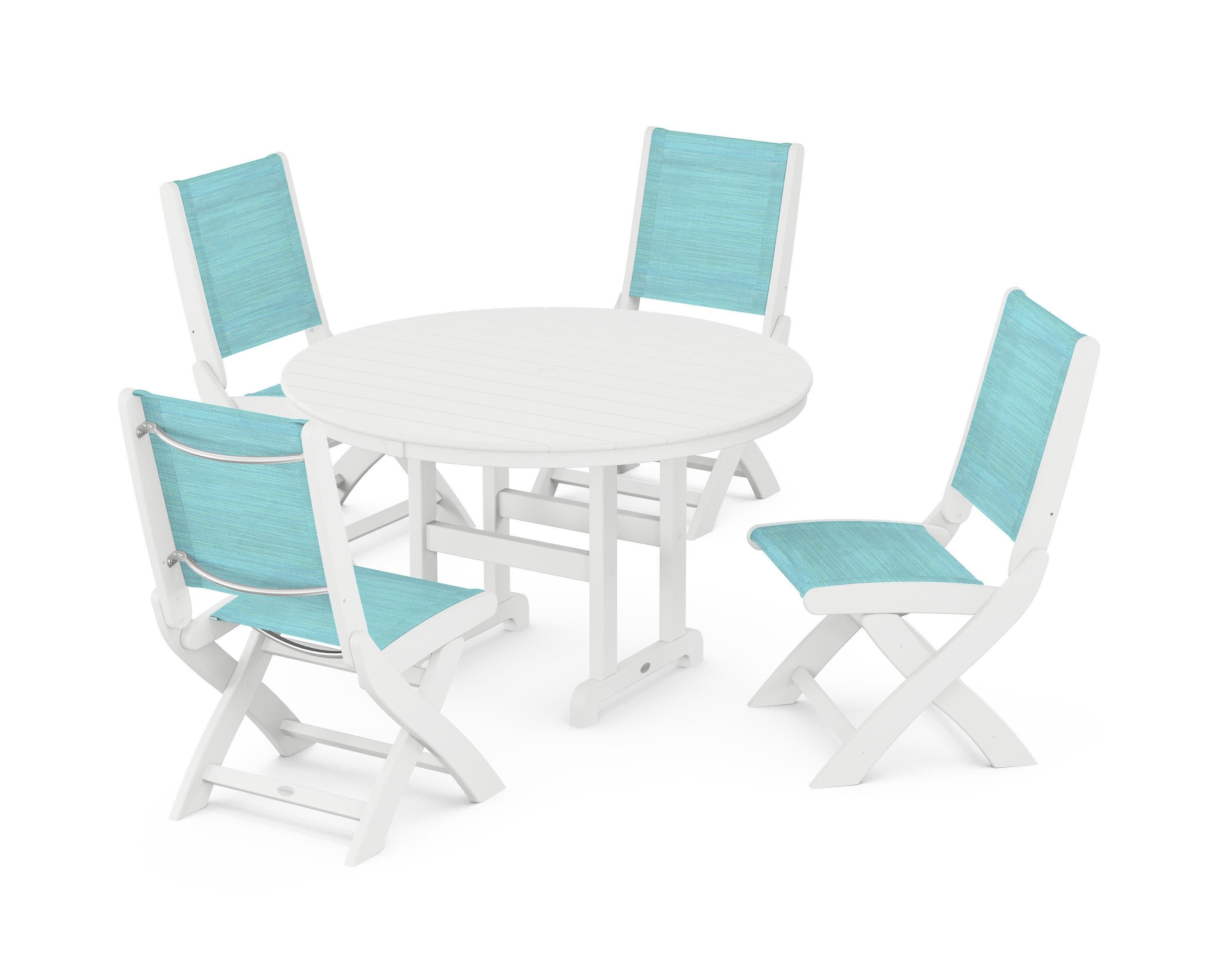 Coastal Folding Side Chair 5-Piece Round Dining Set in White / Dupioni Aquamarine Sling