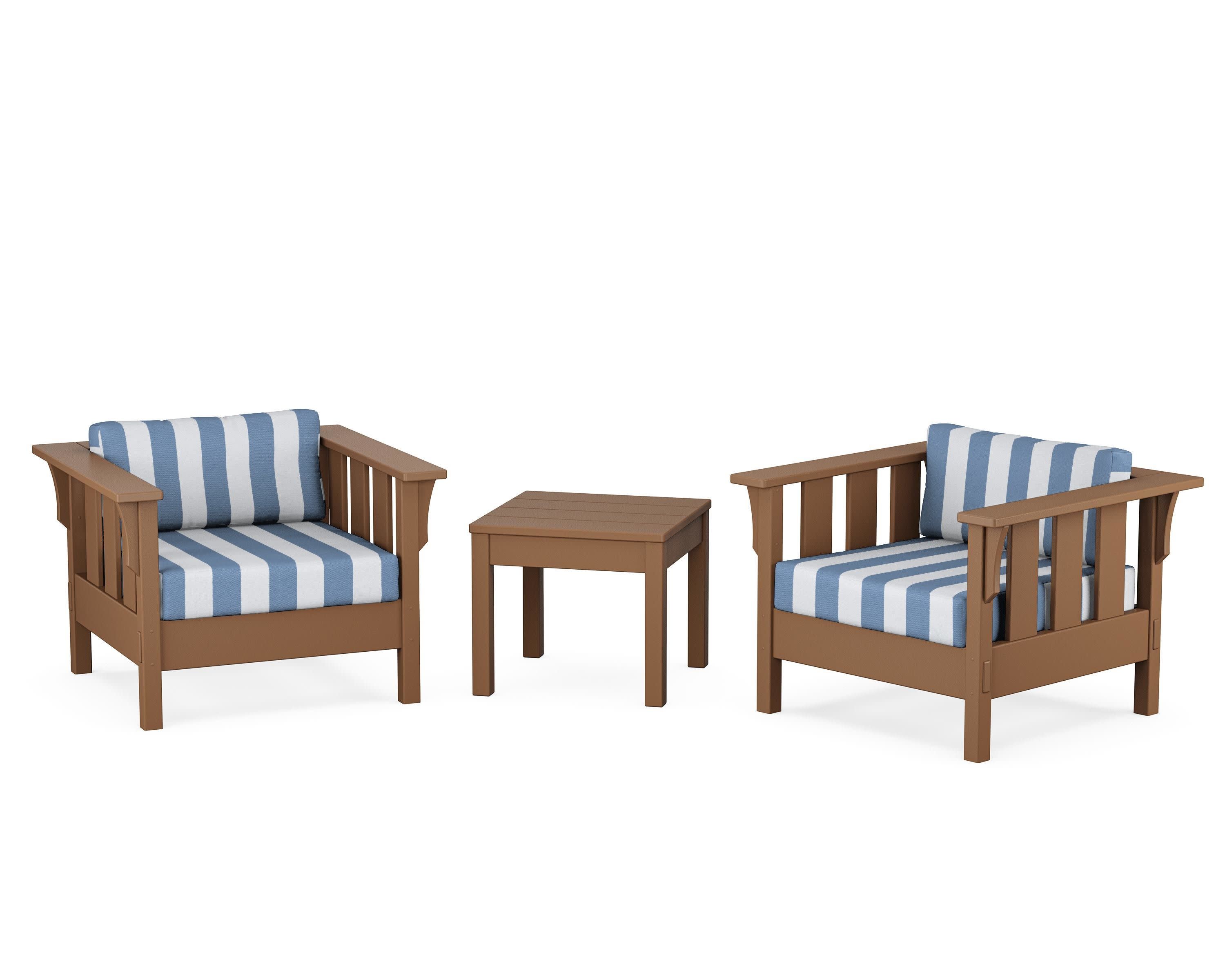 Acadia 3-Piece Deep Seating Set in Teak / Cabana Stripe Sky Blue