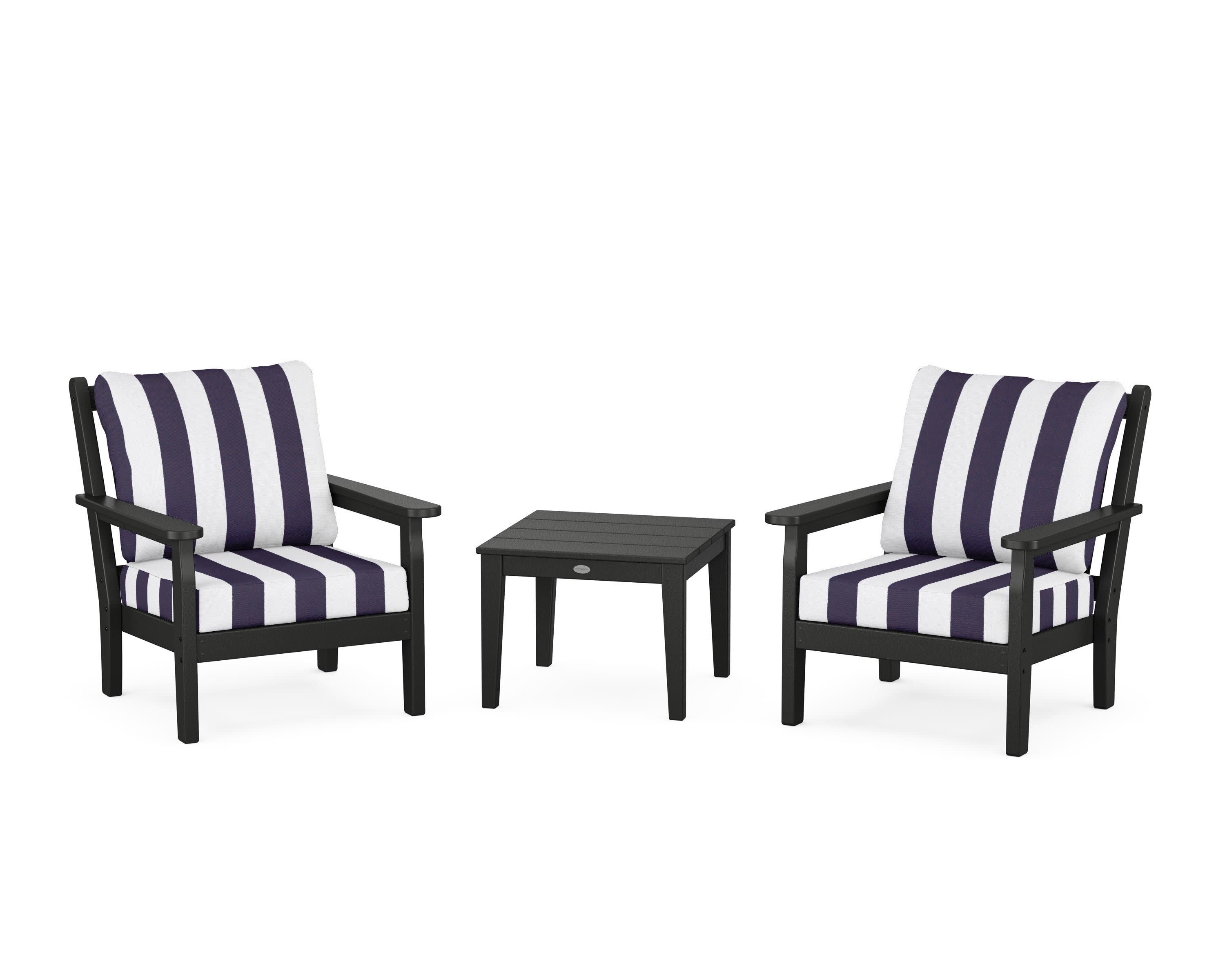 Chippendale 3-Piece Deep Seating Set in Black / Cabana Stripe Navy