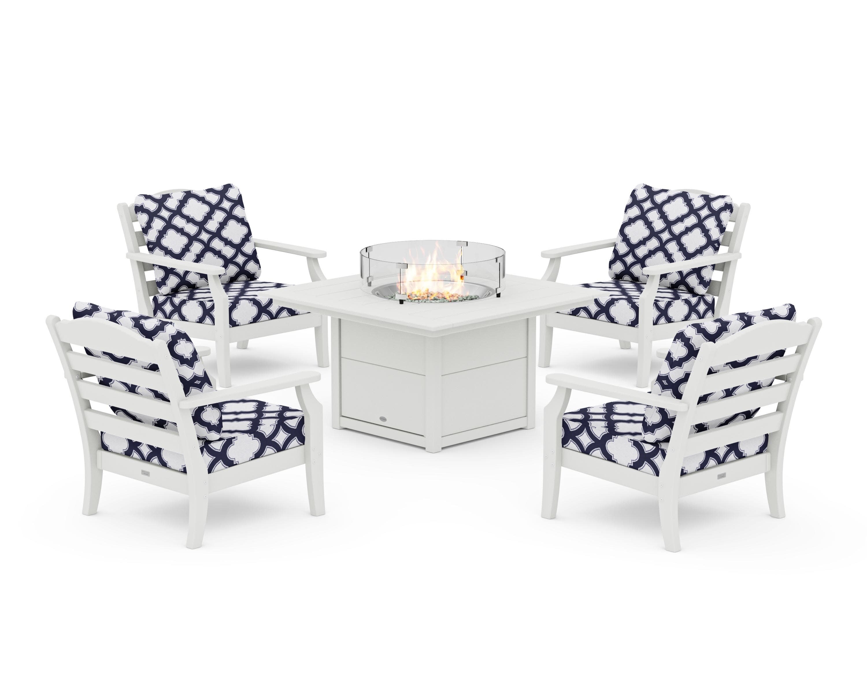Savannah 5-Piece Deep Seating Set with Fire Pit Table in Vintage White / Trellis Navy