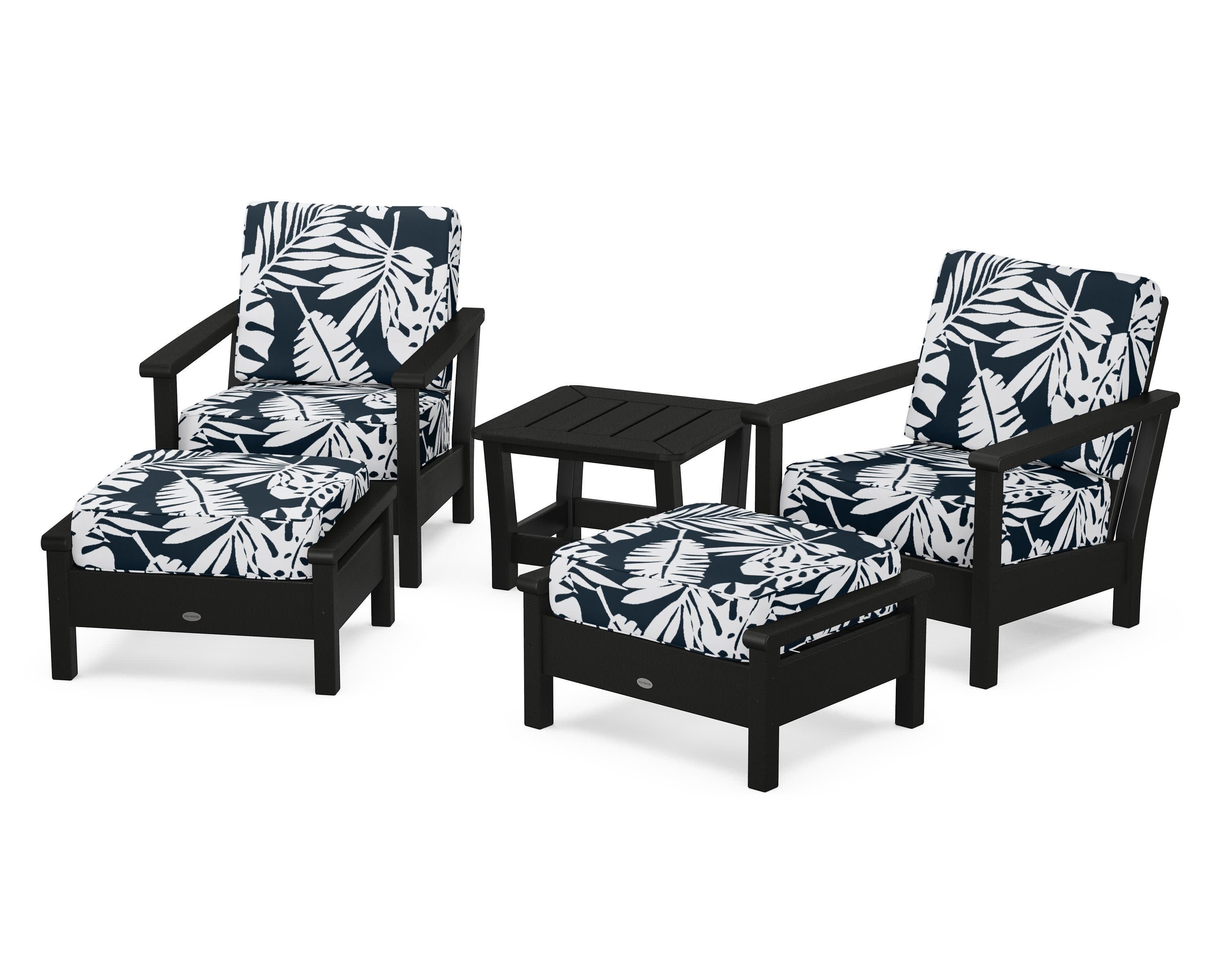 Harbour 5-Piece Deep Seating Chair Set in Black / Leaf Marine Indigo