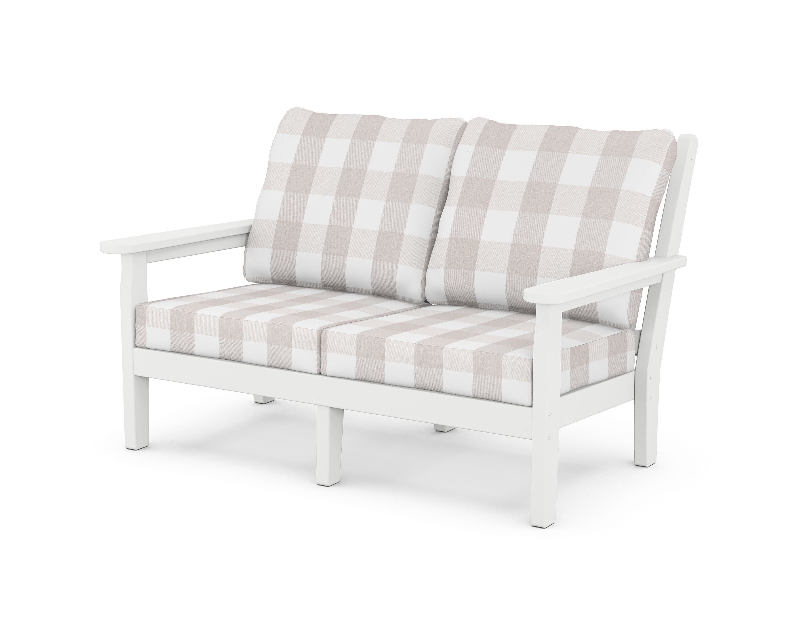 Chippendale Deep Seating Loveseat in White / Buffalo Plaid Dune Burlap
