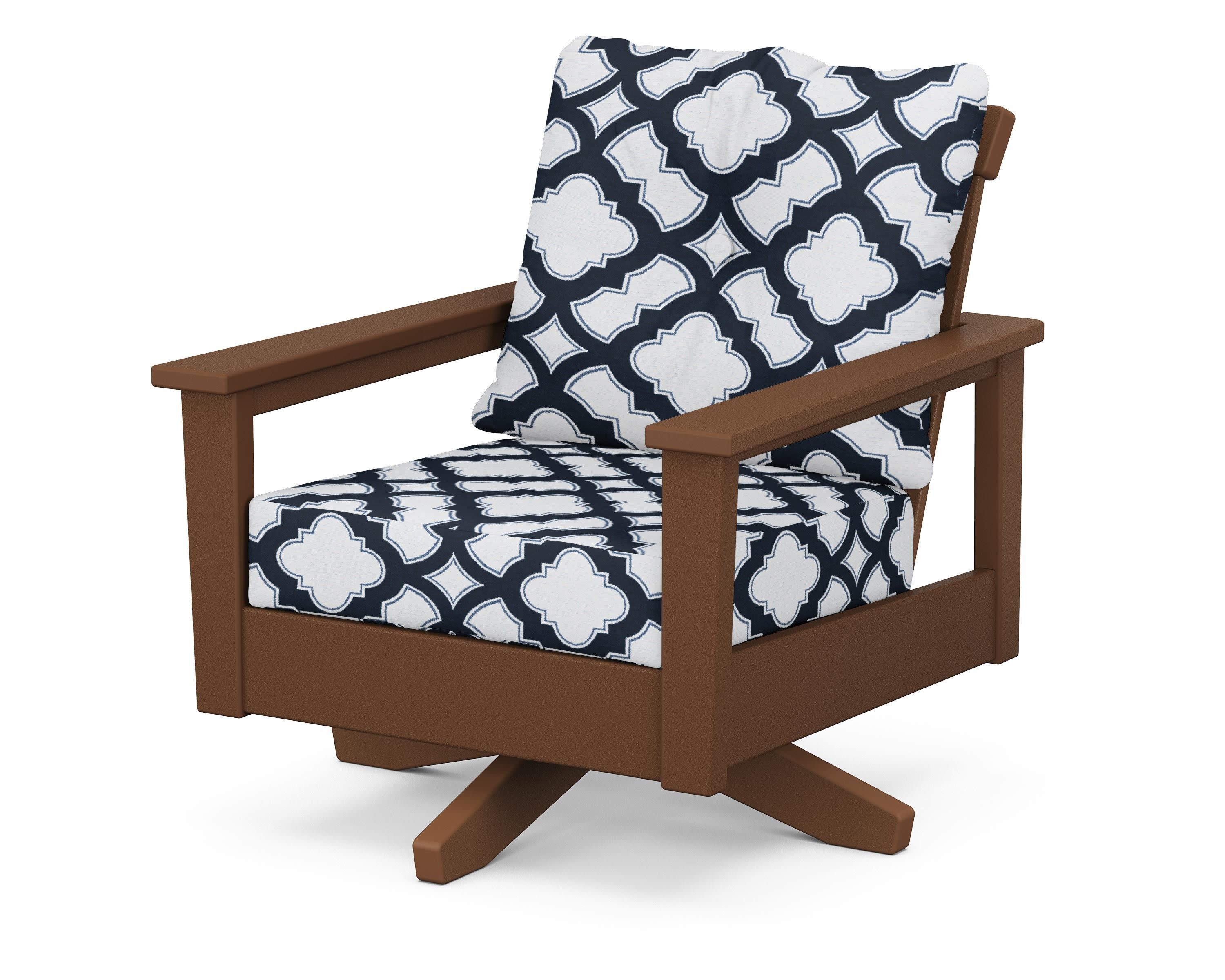 Prescott Deep Seating Swivel Chair in Teak / Trellis Marine Indigo