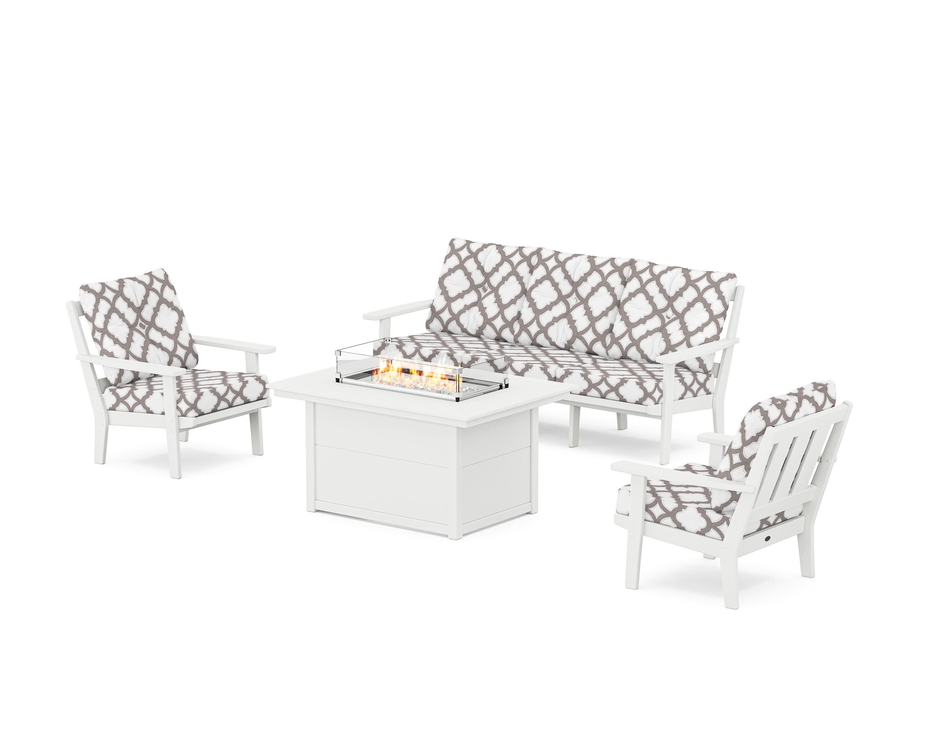 Oxford Deep Seating Fire Pit Table Set in White / Trellis Grey Mist