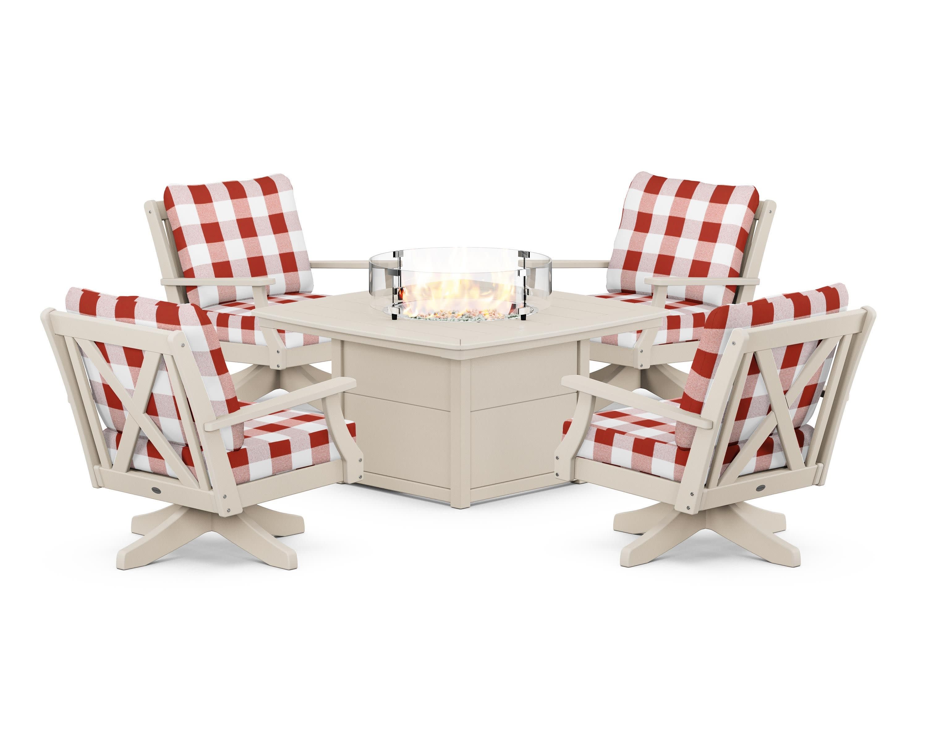 Braxton 5-Piece Deep Seating Swivel Conversation Set with Fire Pit Table in Sand / Buffalo Plaid Crimson