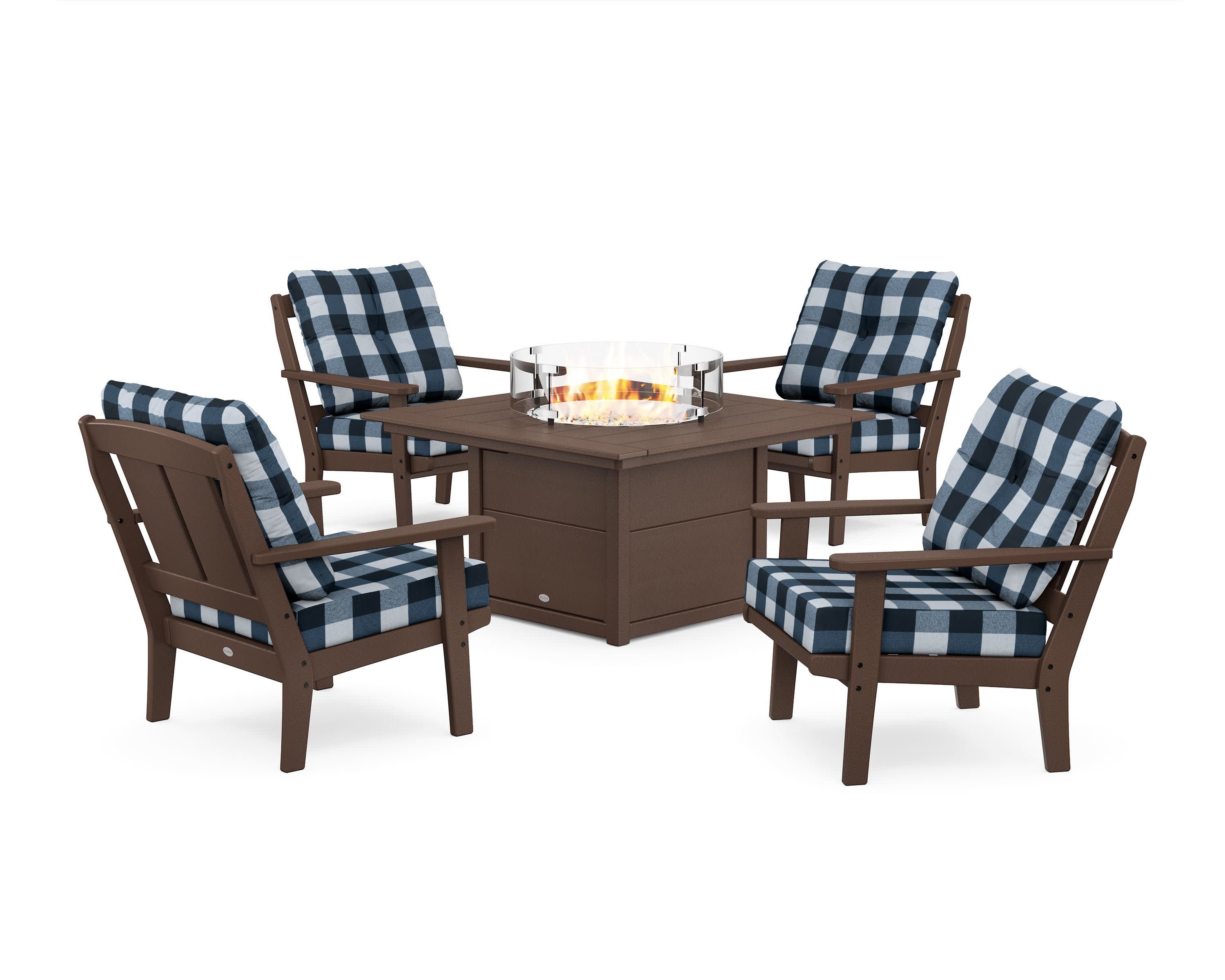 Mission 5-Piece Deep Seating Set with Fire Pit Table in Mahogany / Buffalo Plaid Marine Indigo