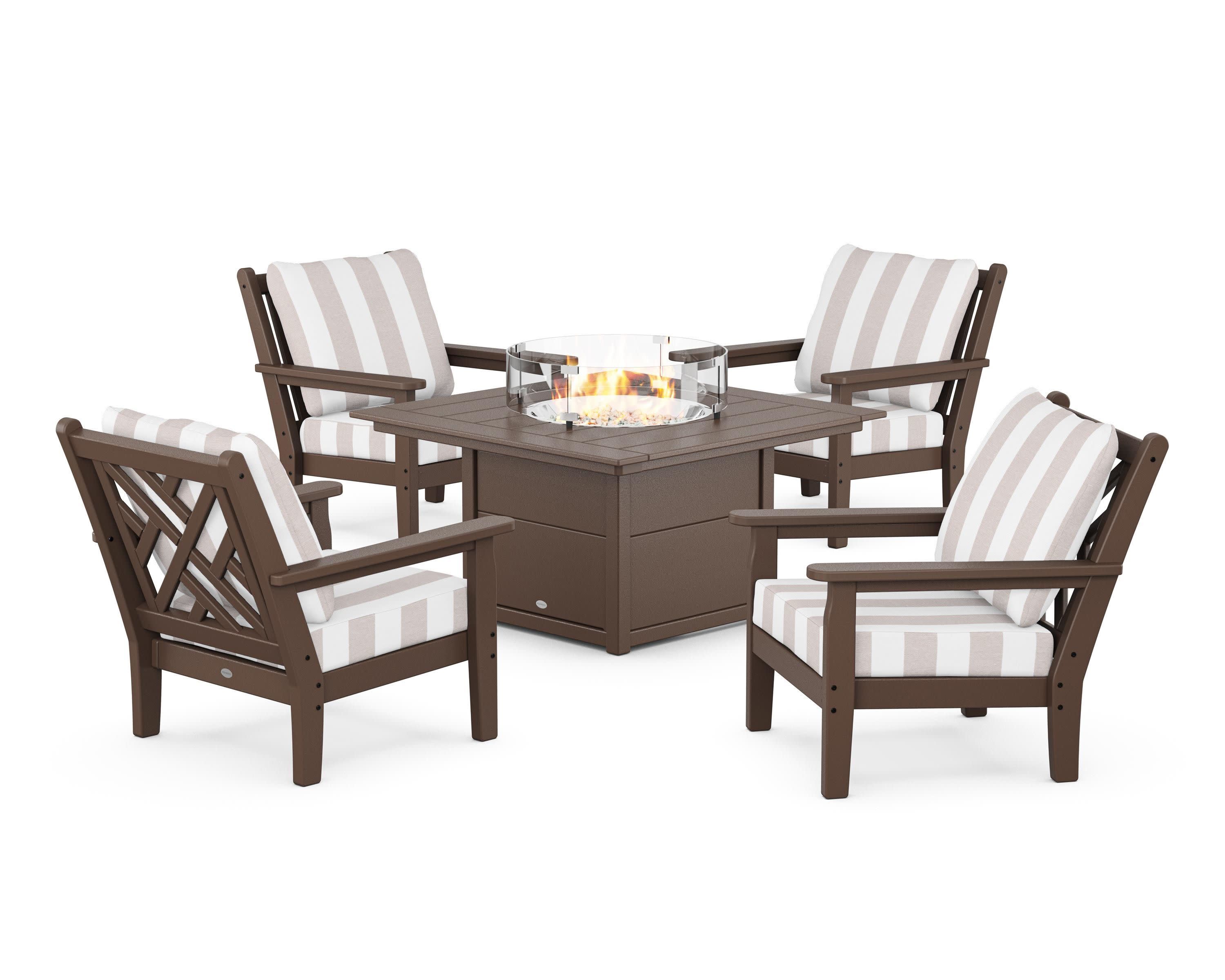 Chippendale 5-Piece Deep Seating Set with Fire Pit Table in Mahogany / Cabana Stripe Dune Burlap